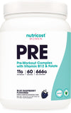 Nutricost Pre-entrenamiento para mujeres, arándano azul en lata, sabor estimulante para entrenos.