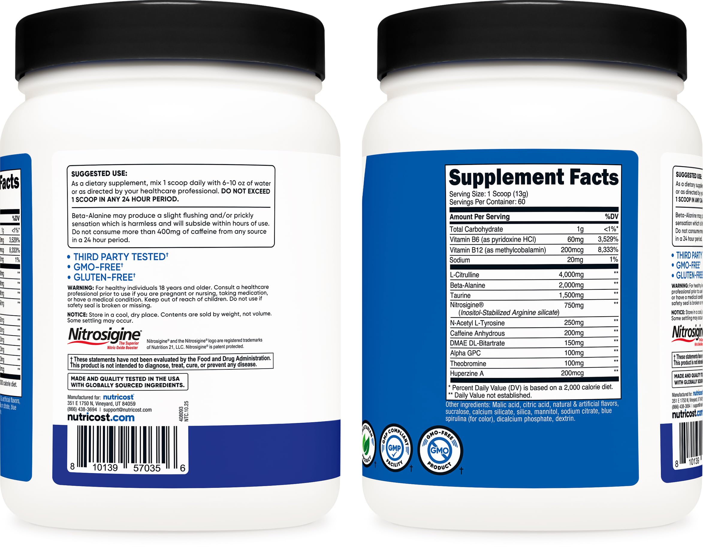 Envase de Nutricost pre-entrenar: tarro fácil de usar.