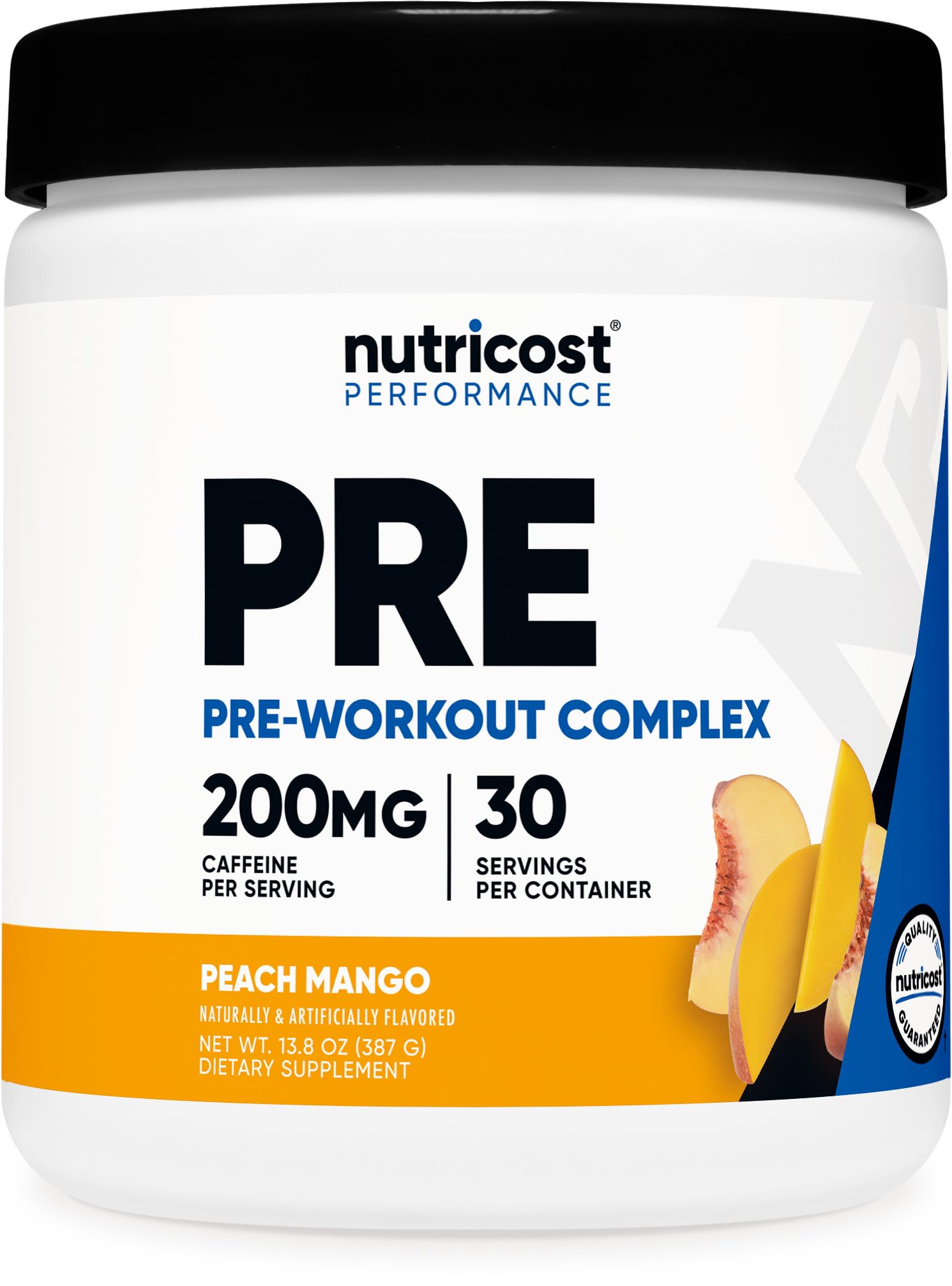 Nutricost Pre-Workout envase durazno-mango para entrenamiento con sabor refrescante.
