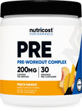 Nutricost Pre-Workout envase durazno-mango para entrenamiento con sabor refrescante.