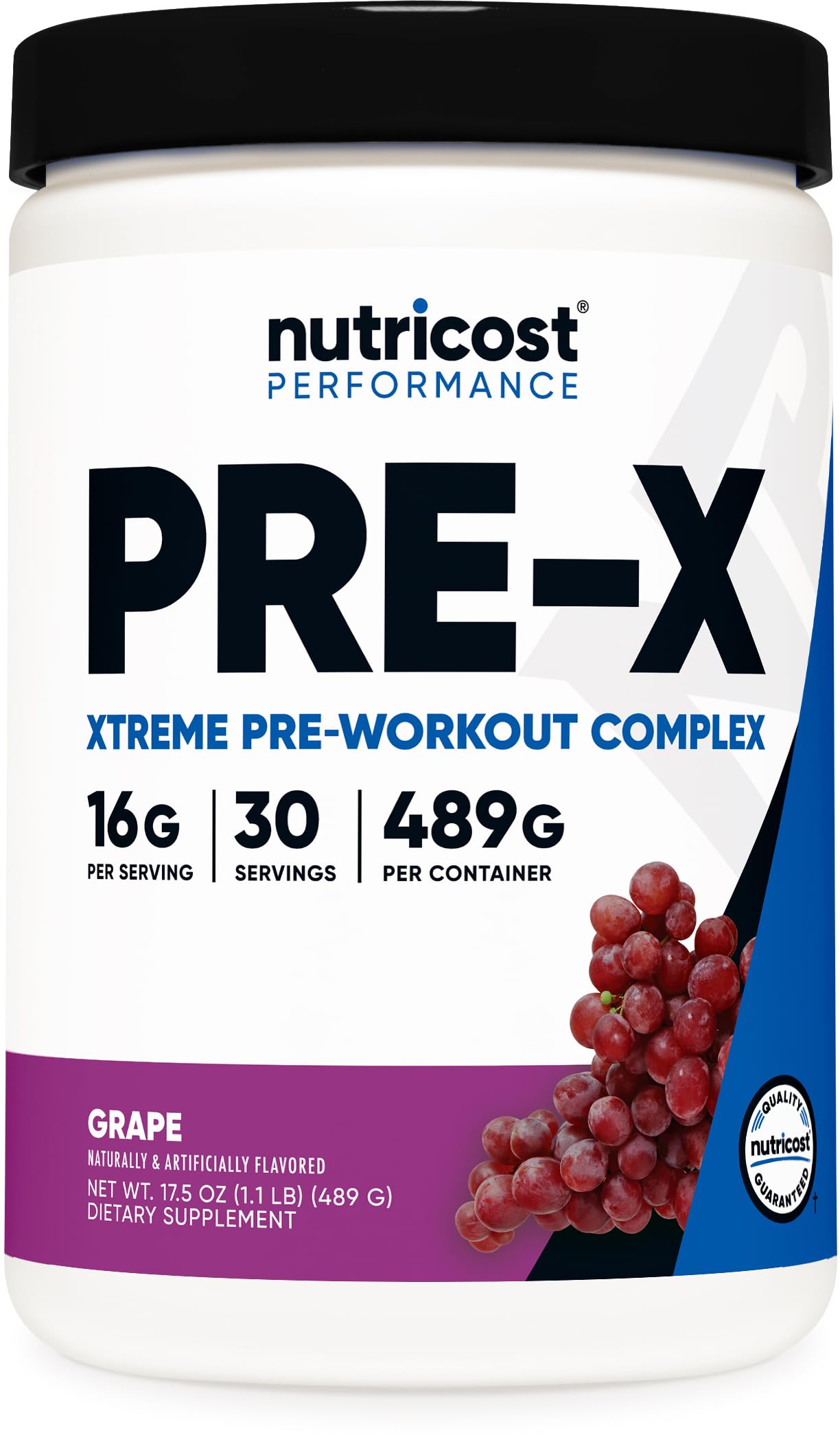 Nutricost Pre-X, bote frente, energía para entrenamientos intensos y enfoque sostenido.