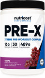 Nutricost Pre-X, bote frente, energía para entrenamientos intensos y enfoque sostenido.