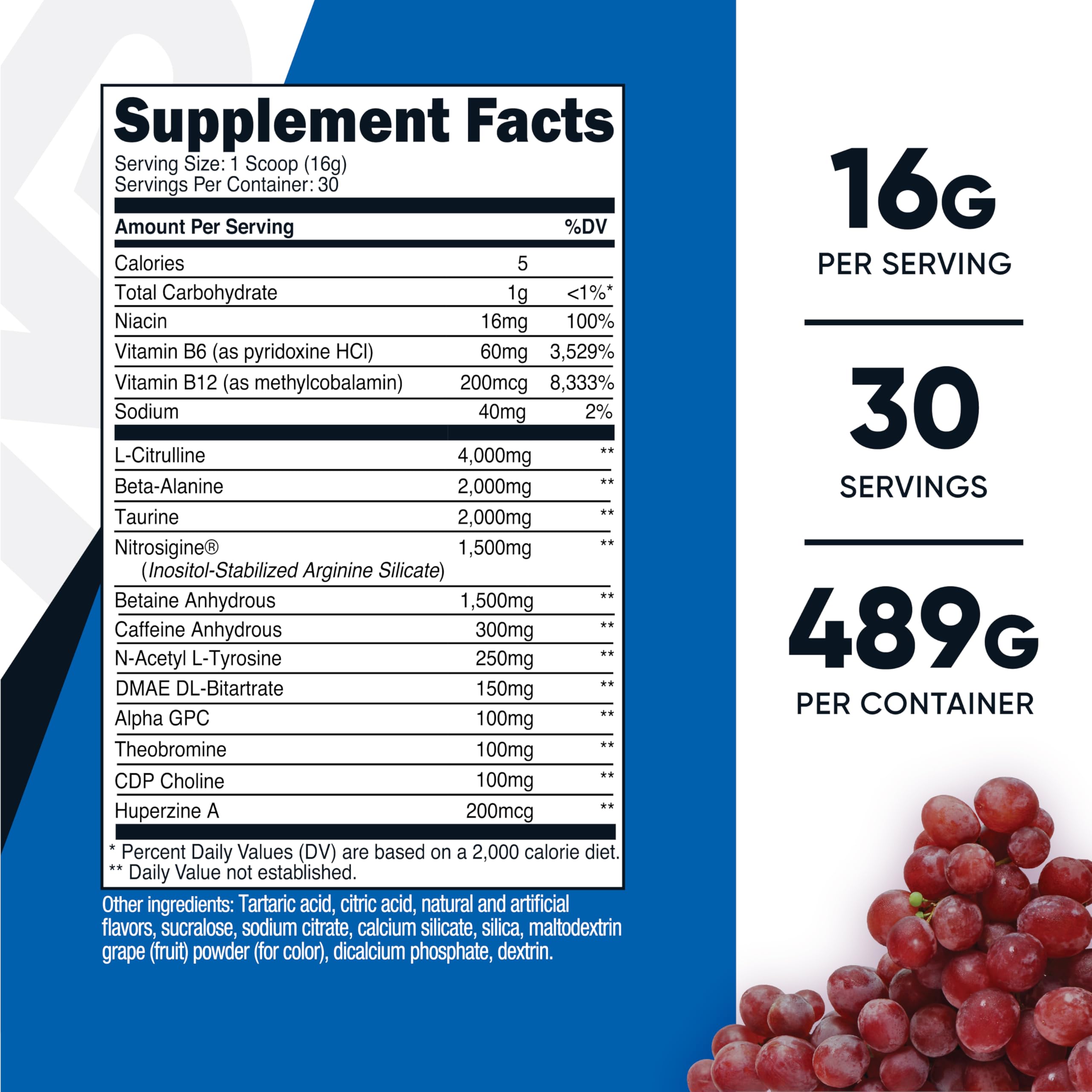 Nutricost Pre-X, etiqueta nutricional, ingredientes clave para rendimiento y concentración durante el entrenamiento.