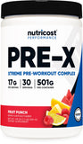 Nutricost Pre-X Extreme polvo Fruta Punch en envase, listo para porciones de entrenamiento