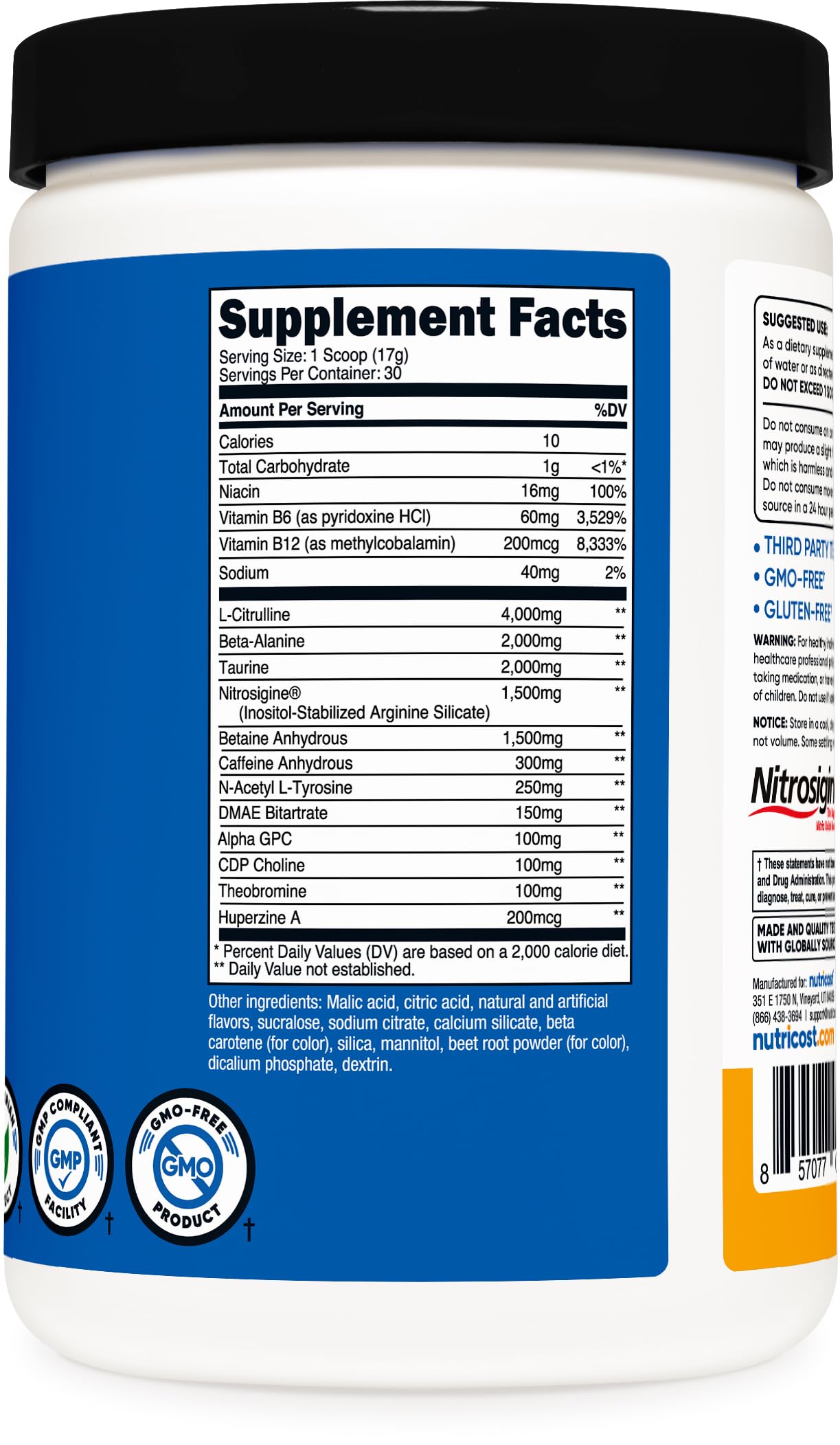 Envase de Nutricost Pre-X Xtreme durazno mango dispensando la mezcla