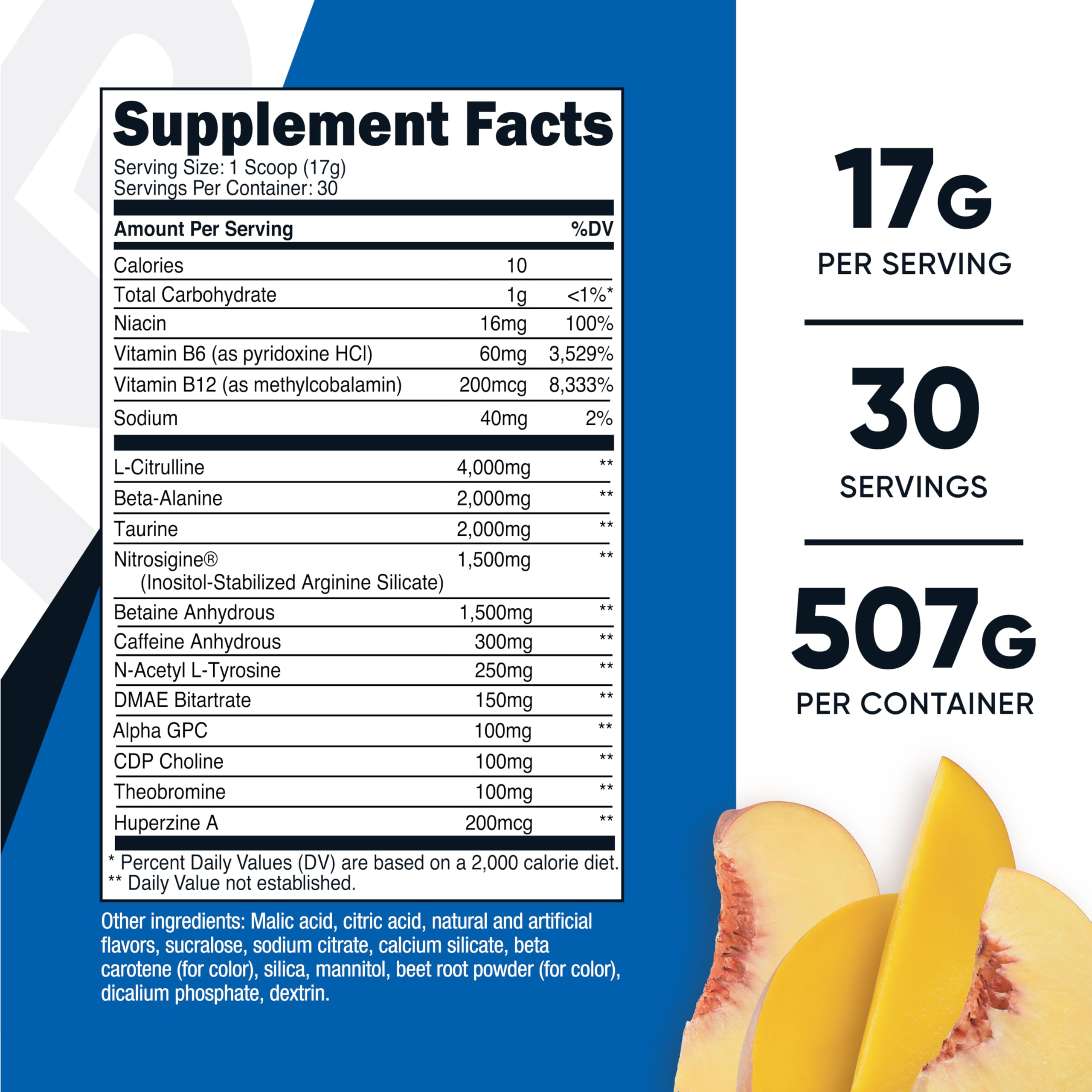 Etiqueta detallada de Nutricost Pre-X Xtreme durazno mango con ingredientes