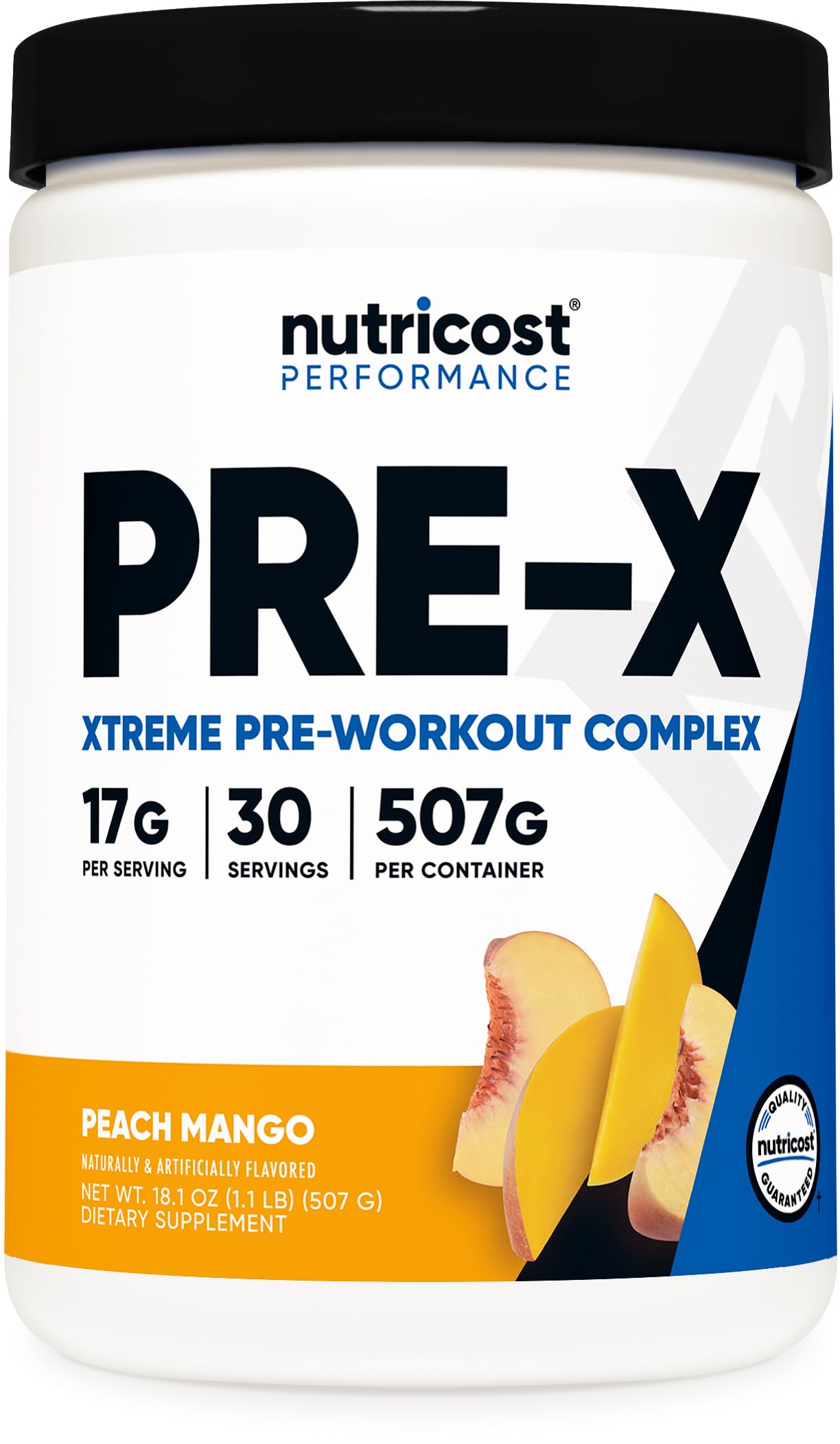 Nutricost Pre-X Xtreme polvo pre-entrenamiento durazno mango frente a la botella para enfoque