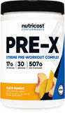 Nutricost Pre-X Xtreme polvo pre-entrenamiento durazno mango frente a la botella para enfoque