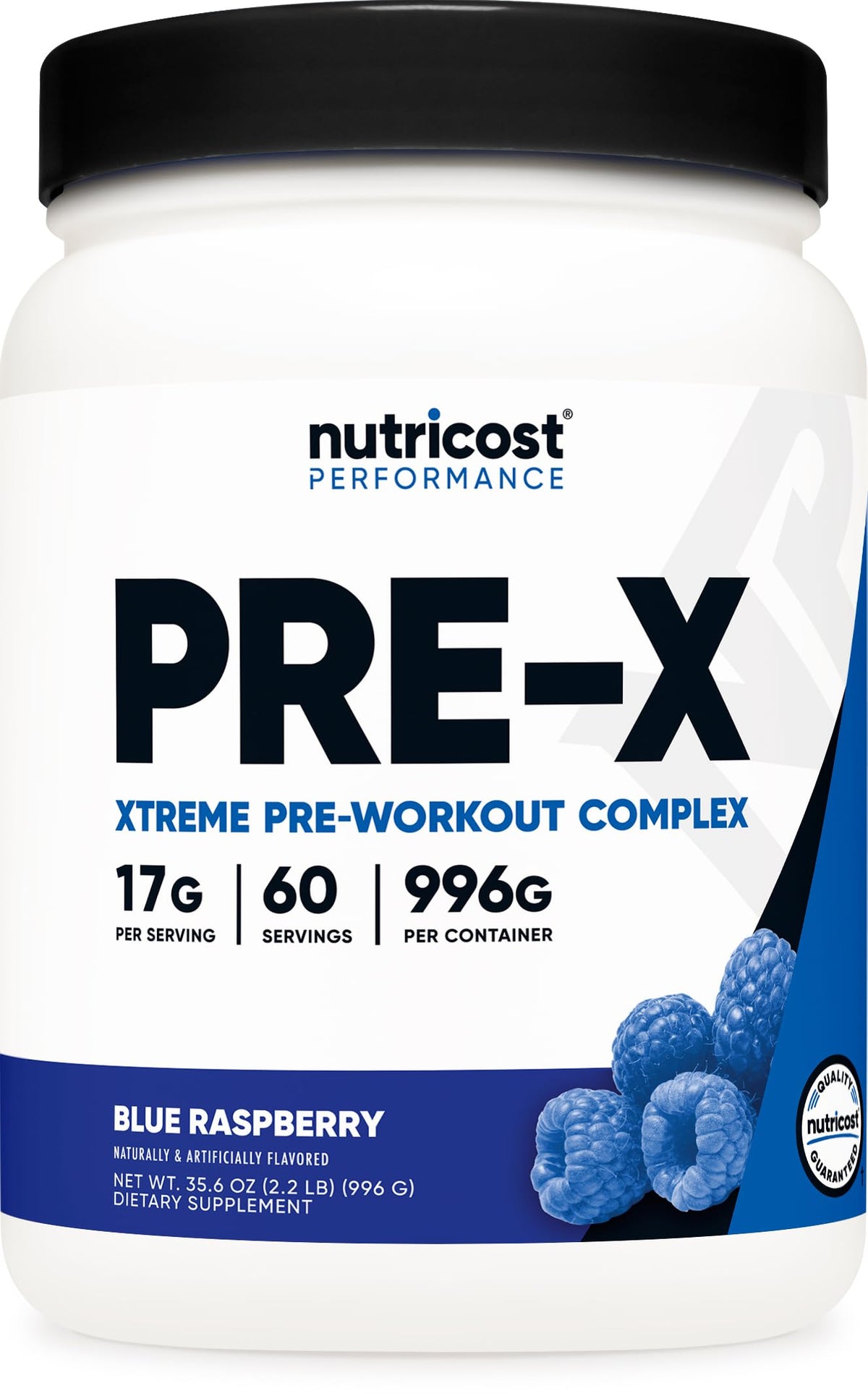 Nutricost Pre-X Xtreme polvo frambuesa azul con cuchara para dosificación fácil.