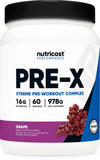 Nutricost Pre-X Xtreme frasco frontal con sabor uva para entrenar con energía