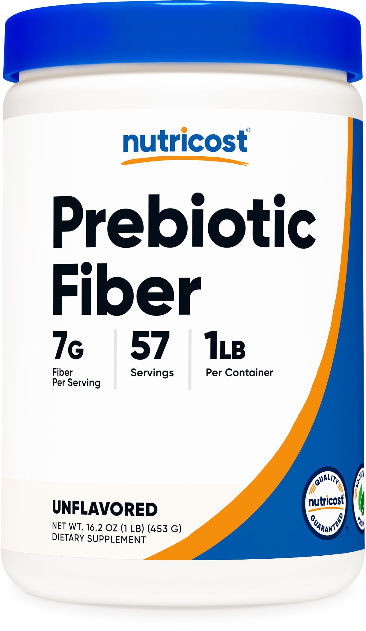 Nutricost fibra prebiótica sin sabor en envase, 57 porciones fáciles de usar.