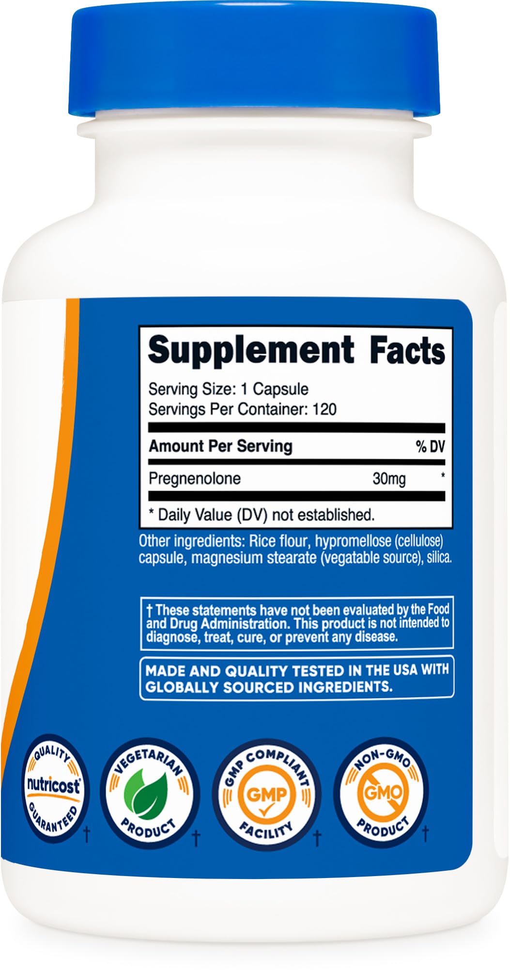 Dosis diaria en cápsula única de Nutricost Pregnenolona 30 mg.
