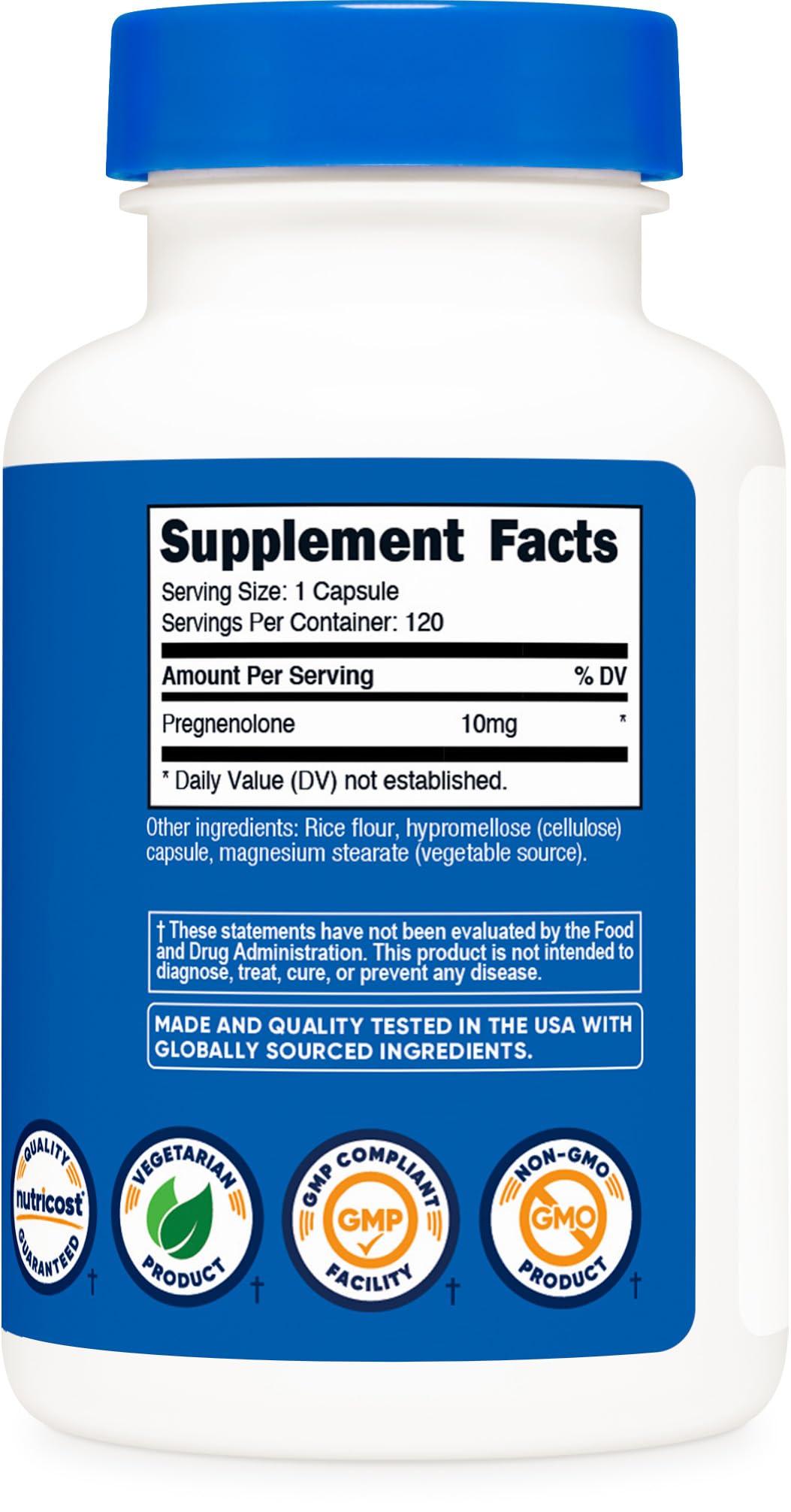 Envase de Nutricost Pregnenolona: 120 cápsulas y calidad GMP