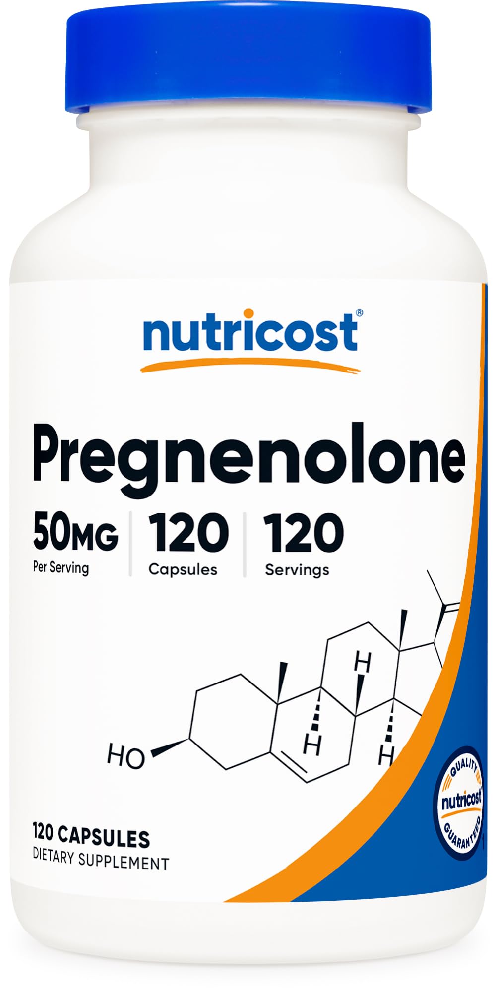 Nutricost Pregnenolone, botella frontal: cápsulas de 50 mg para bienestar diario.