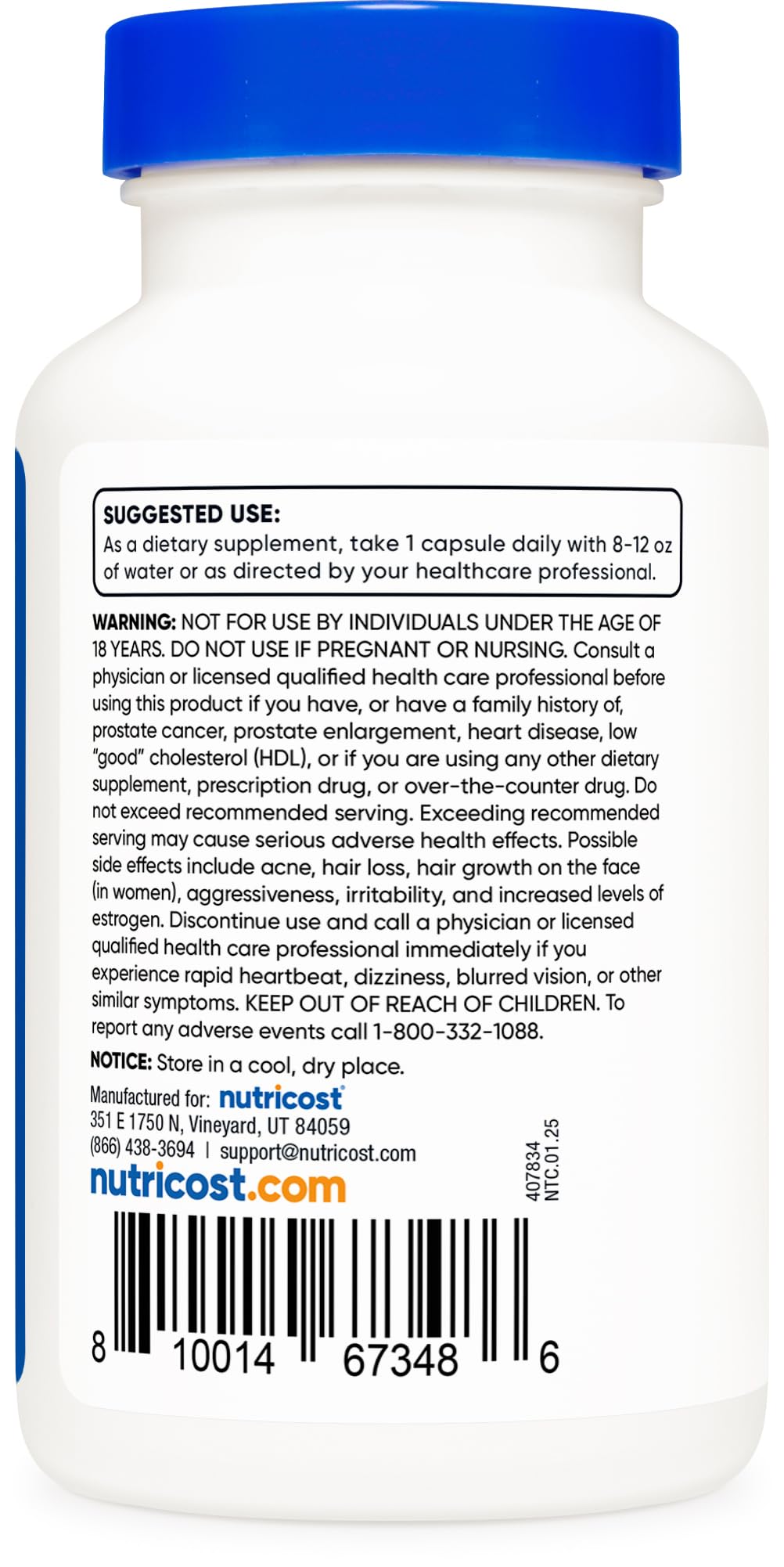 Nutricost Pregnenolone, empaque: bote compacto ideal para la mochila.