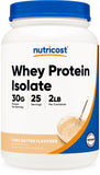 Nutricost proteína aislada, envase sabor masa para pastel, ideal para batidos.