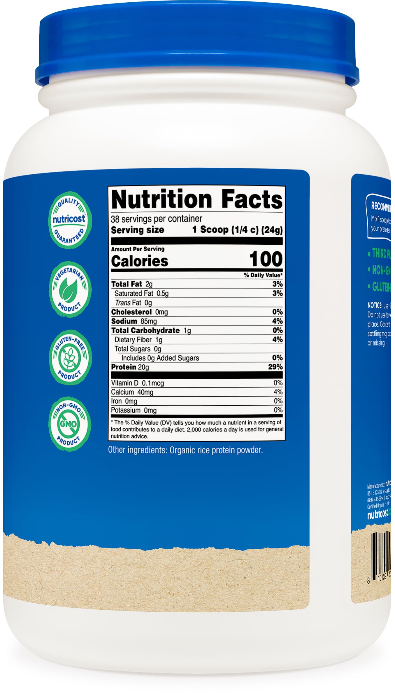 Nutricost proteína de arroz orgánica, uso ideal para dietas vegetarianas.