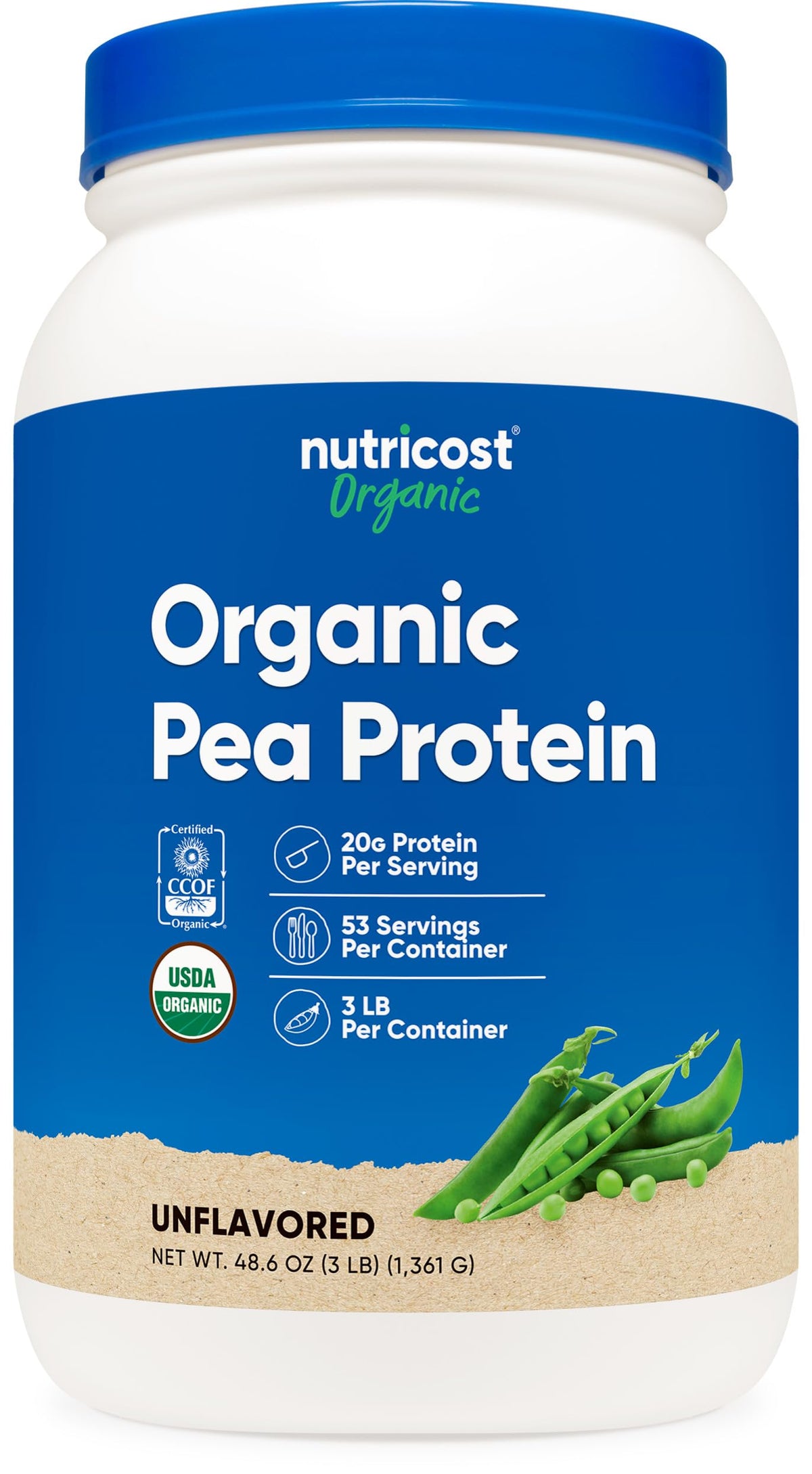 Nutricost proteína de guisante orgánica, empaque visible, ideal para batidos nutritivos y vegetarianos.