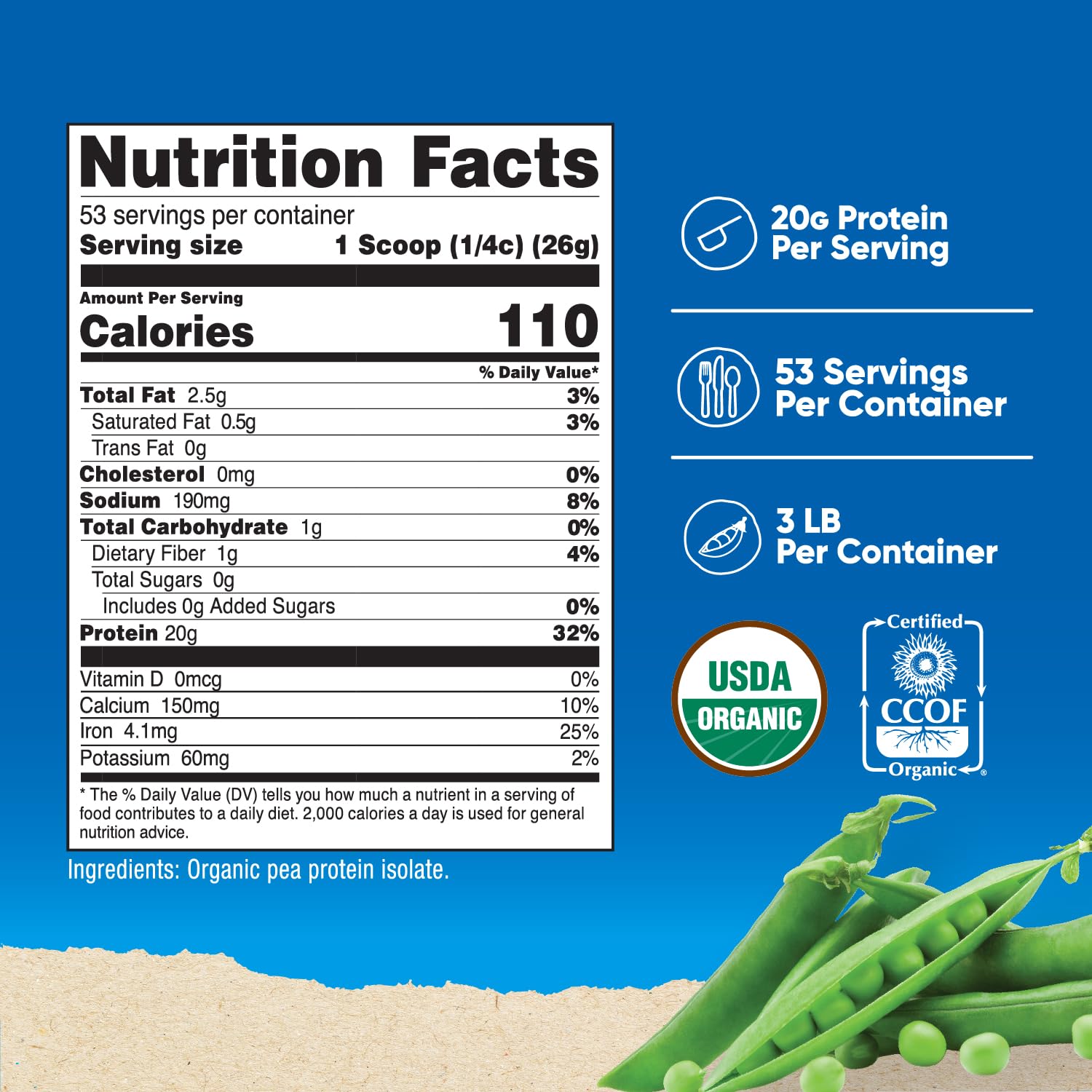 Nutricost proteína de guisante orgánica, etiqueta USDA, garantiza calidad y origen vegetal.