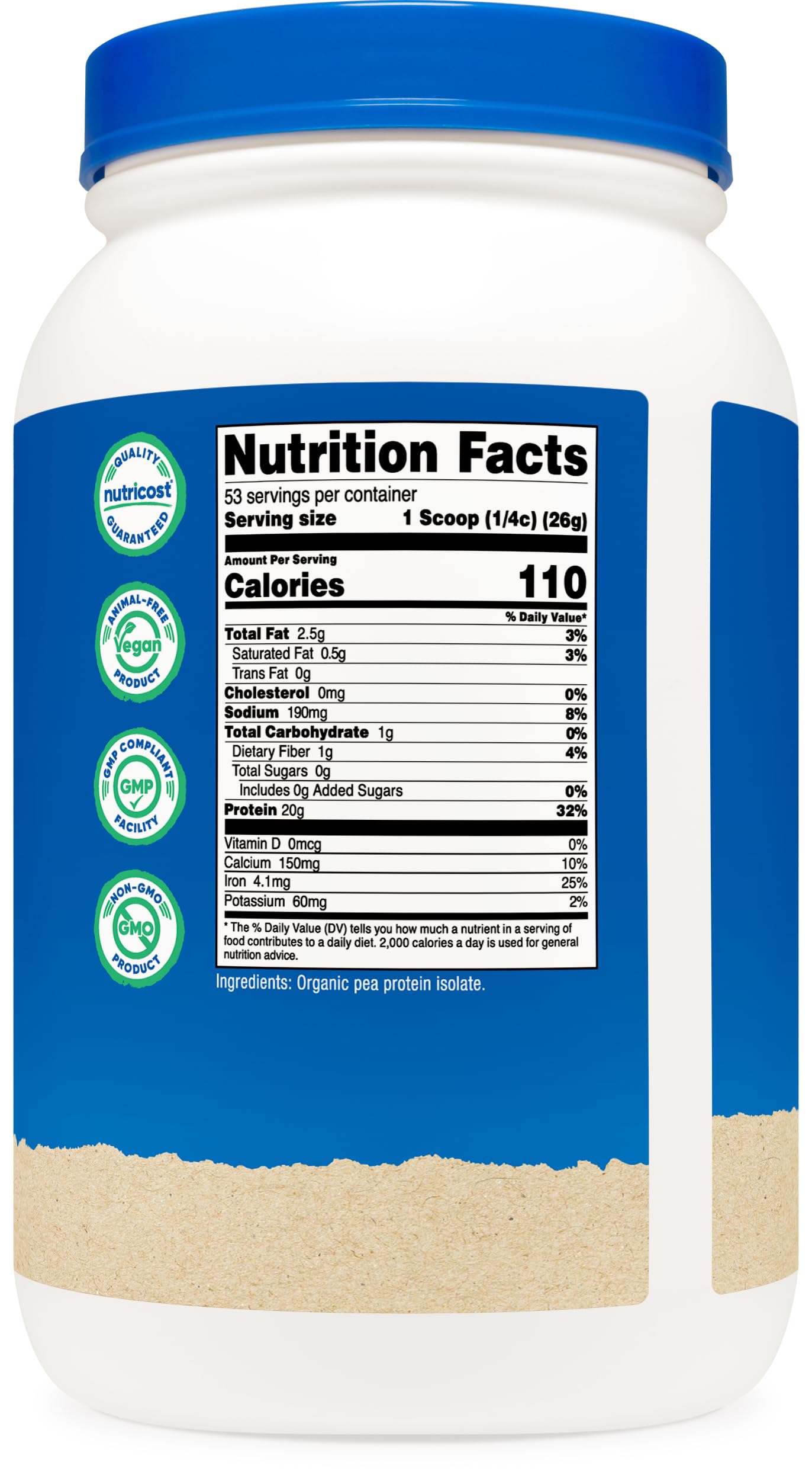 Nutricost proteína de guisante orgánica, medidor incluido, dosis claras para porciones coherentes.