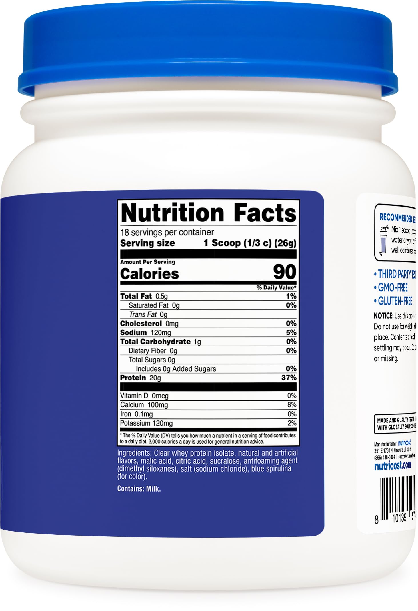 Nutricost Proteína de Suero Aislada Frambuesa, empaque compacto para llevar.