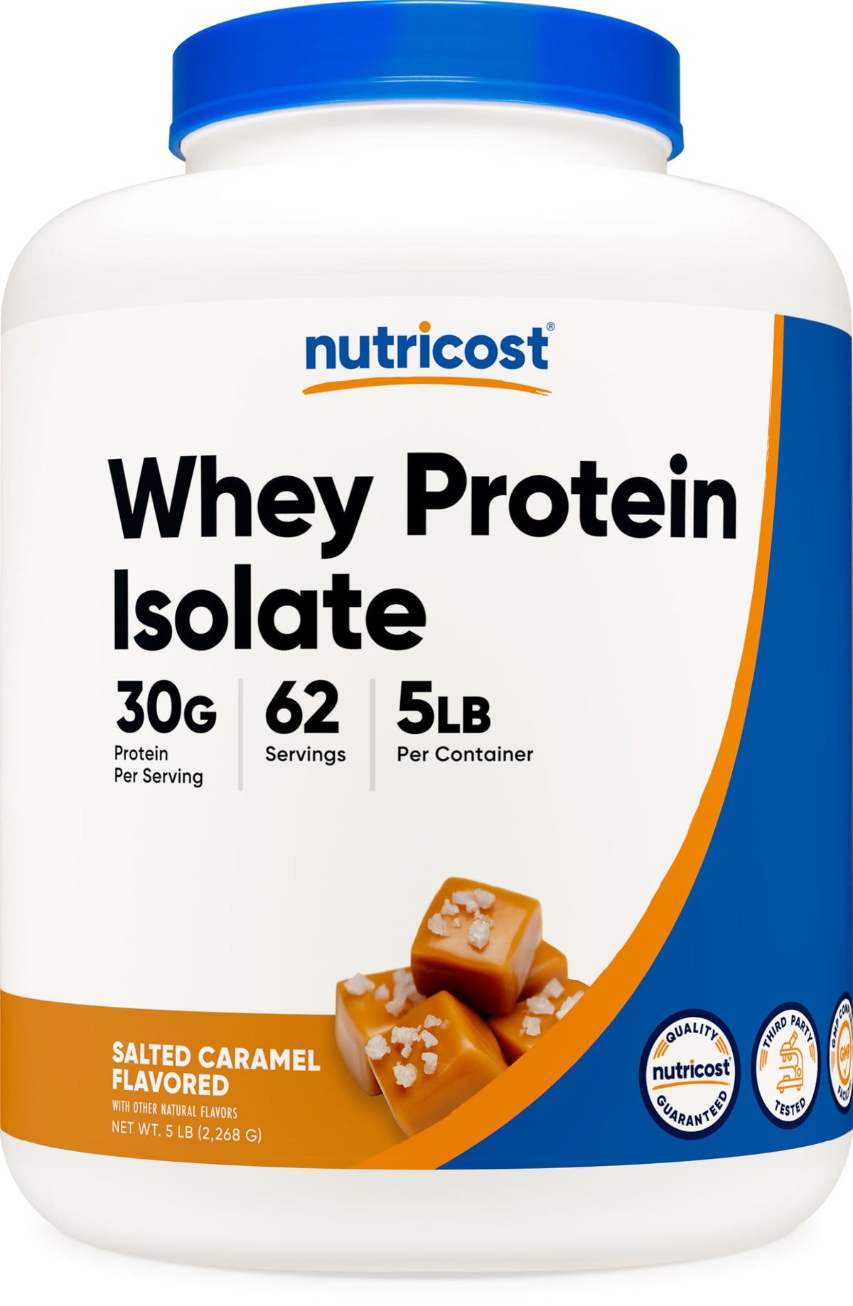 Nutricost proteina de suero aislada sabor caramelo salado, envase cómodo para batidos diarios.