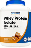 Nutricost proteina de suero aislada sabor caramelo salado, envase cómodo para batidos diarios.