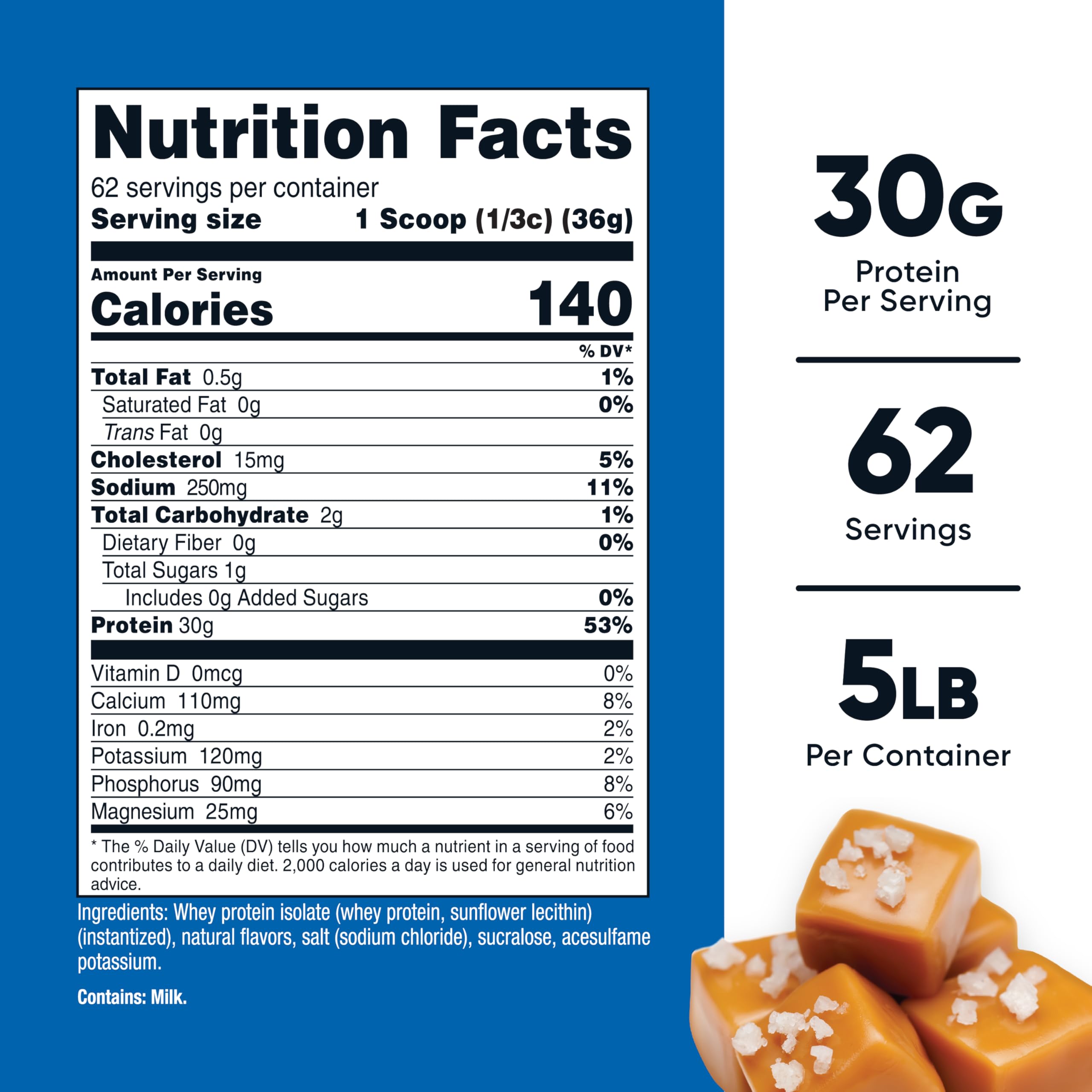 Nutricost proteina de suero aislada sabor caramelo salado, porciones fáciles de medir para control de ingesta.