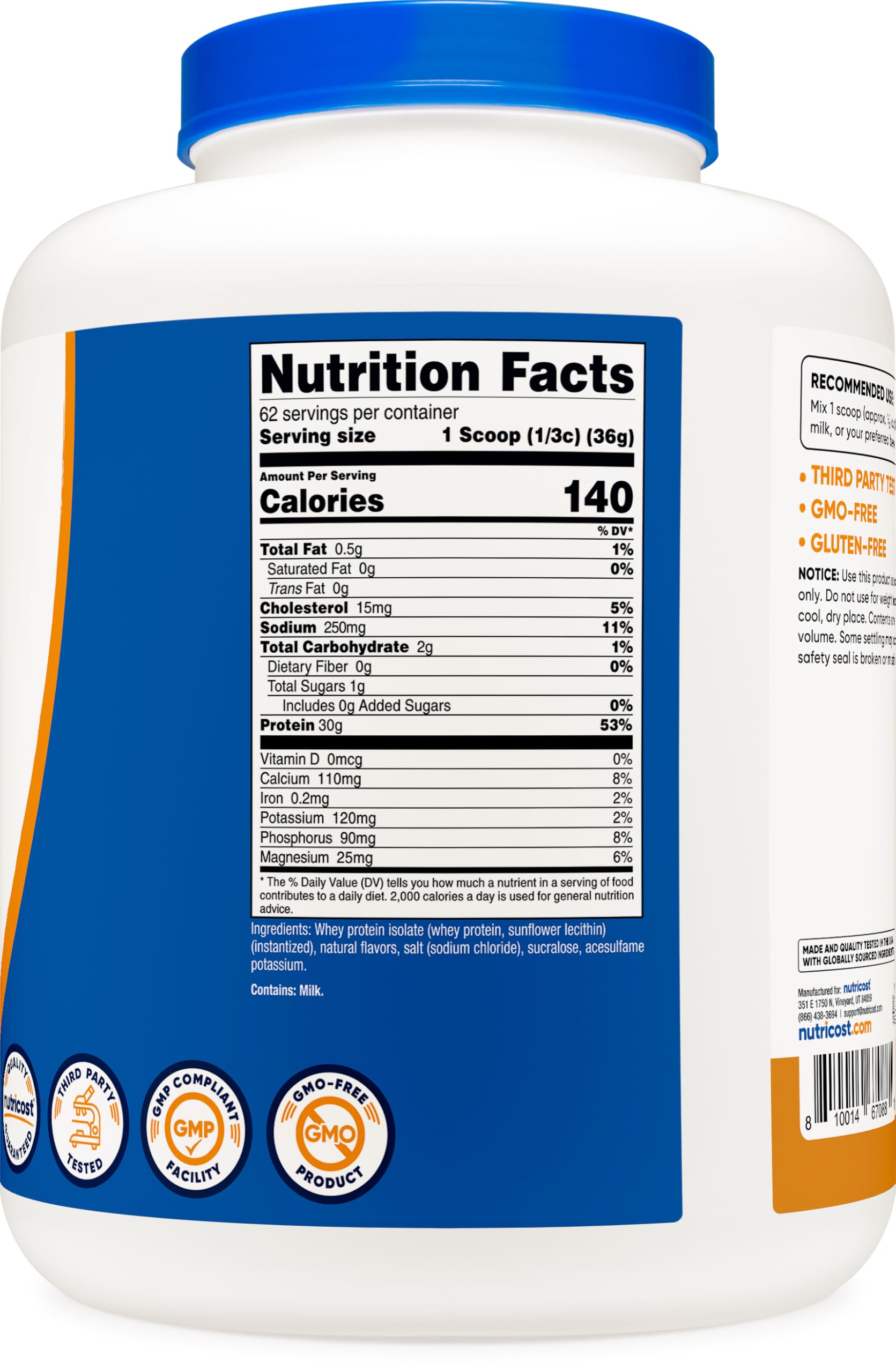 Nutricost proteina de suero aislada sabor caramelo salado, libre de gluten y OGM.