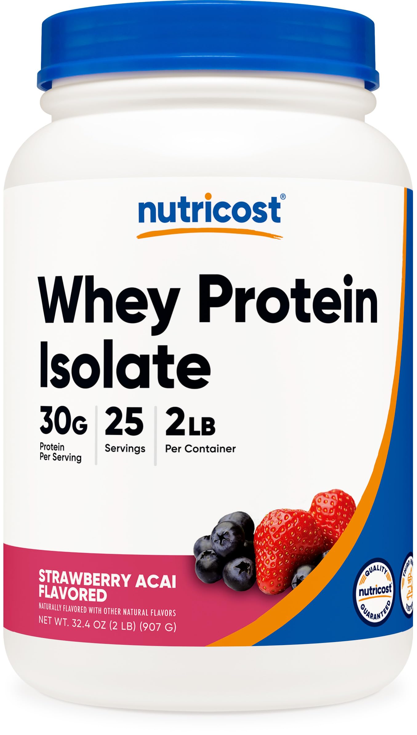 Nutricost Proteína de Suero Aislada fresa açaí, bote visible para aporte proteico diario.