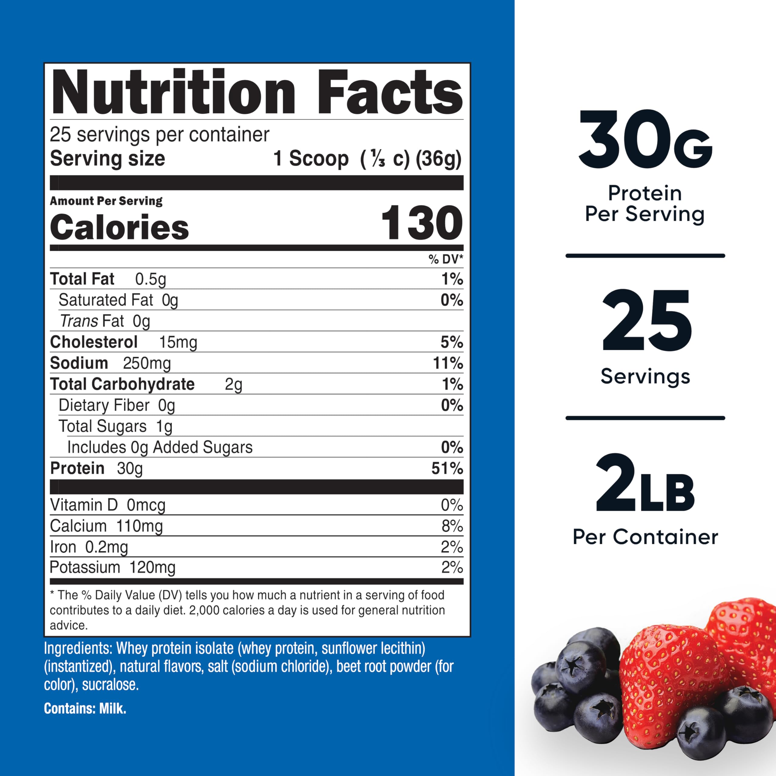 Nutricost Proteína de Suero Aislada fresa açaí, dosificador listo para porciones.