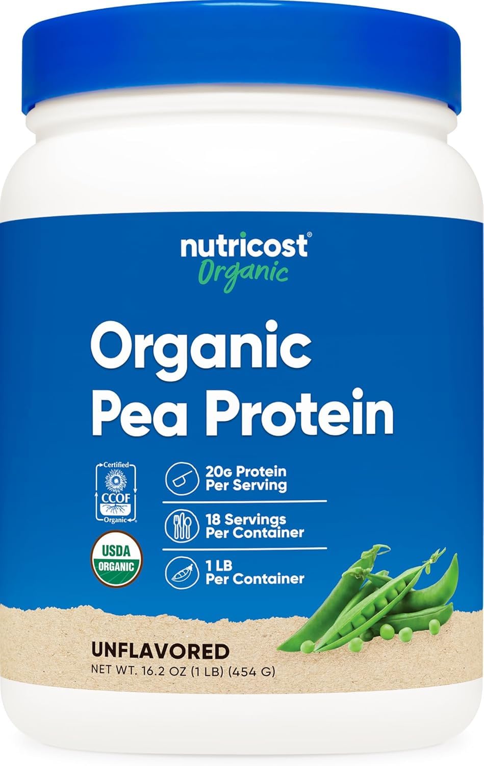 Proteína de guisante orgánica de Nutricost en bote lista para batidos.