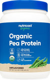 Proteína de guisante orgánica de Nutricost en bote lista para batidos.