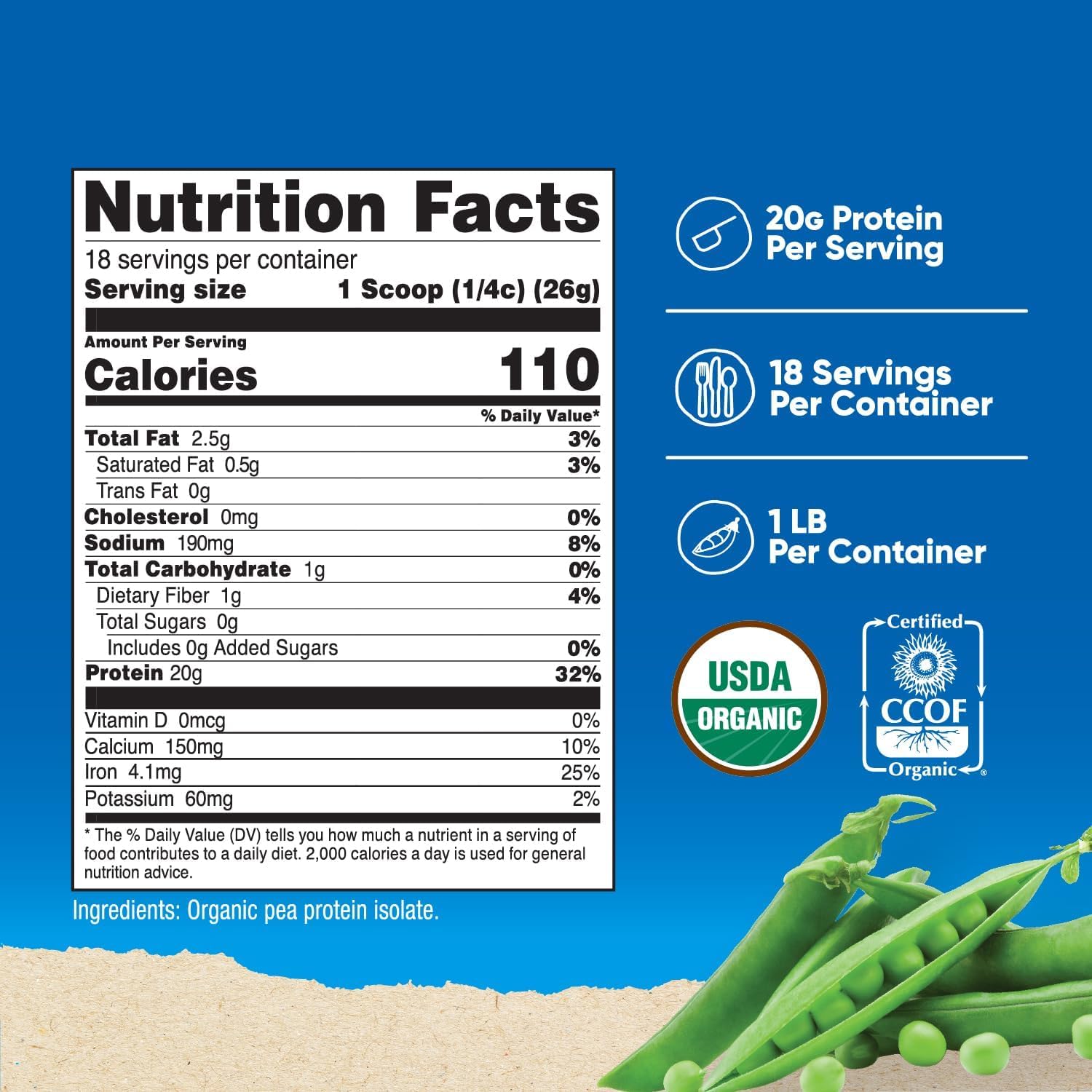 Etiqueta Nutricost con certificado USDA Orgánico para proteína de guisante.