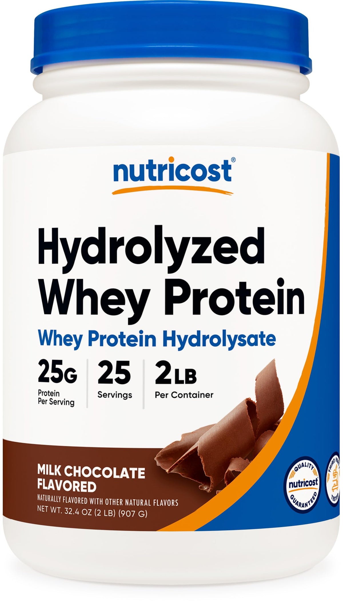 Nutricost proteína hidrolizada de suero chocolate envase, ideal para recuperación diaria.