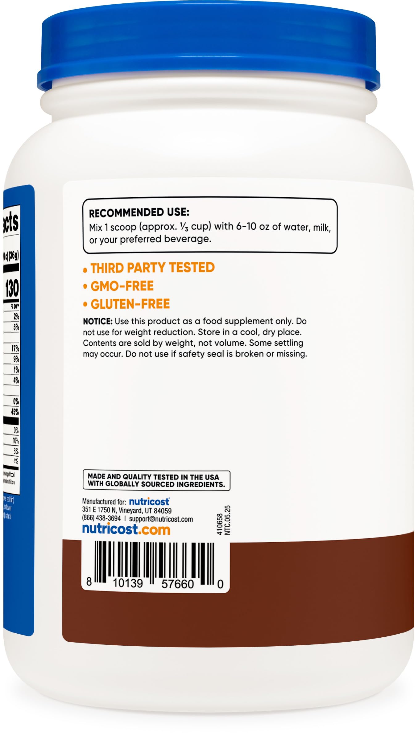 Nutricost proteína hidrolizada de suero chocolate, etiqueta clara libre de gluten.