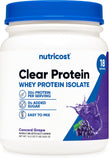 Nutricost proteínate de suero aislada en bote con sabor uva Concord para batidos claros.