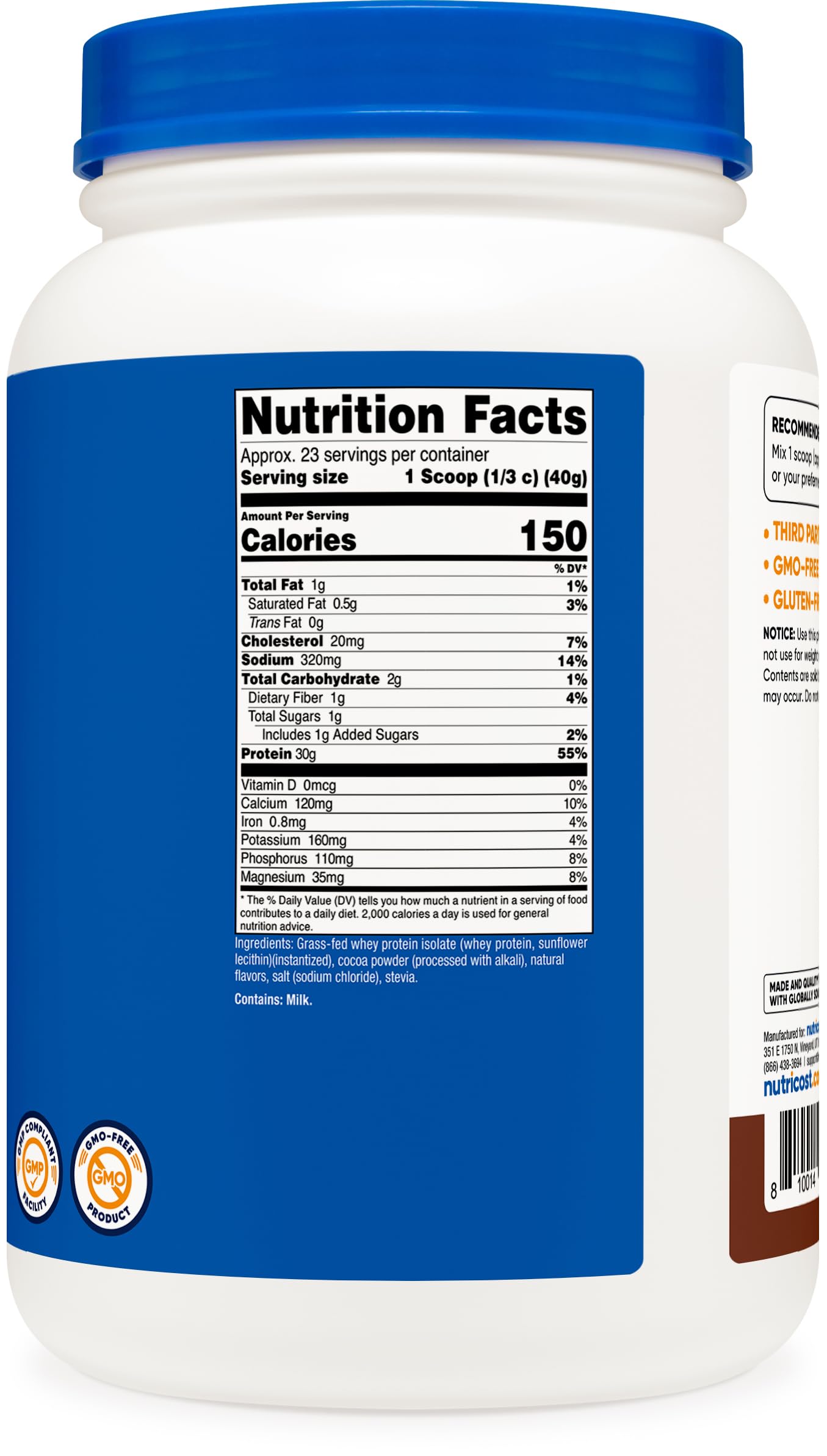 Nutricost proteina aislada de suero, etiqueta con certificaciones kosher y halal