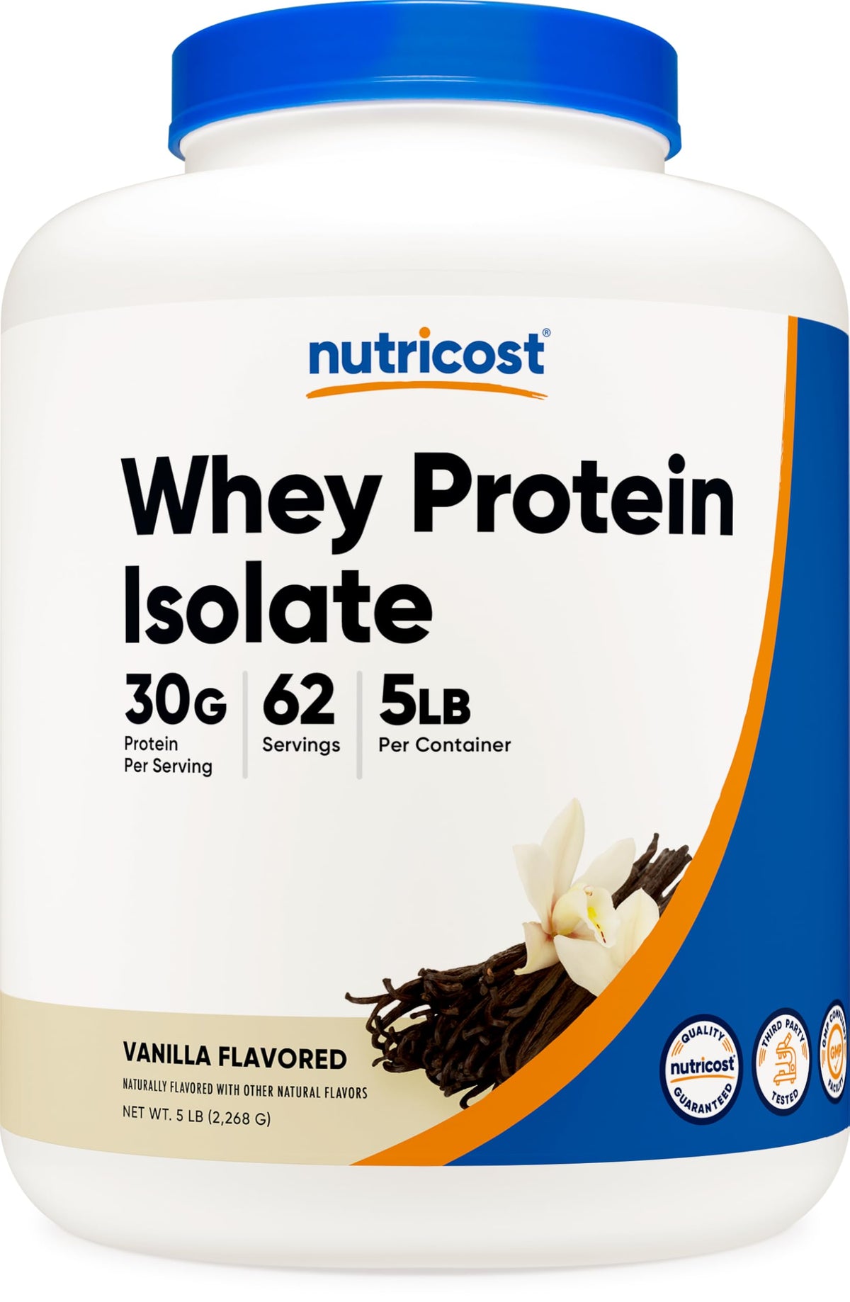 Nutricost Proteína de Suero Aislada Vainilla 5 lb, contenedor práctico para tu rutina diaria.