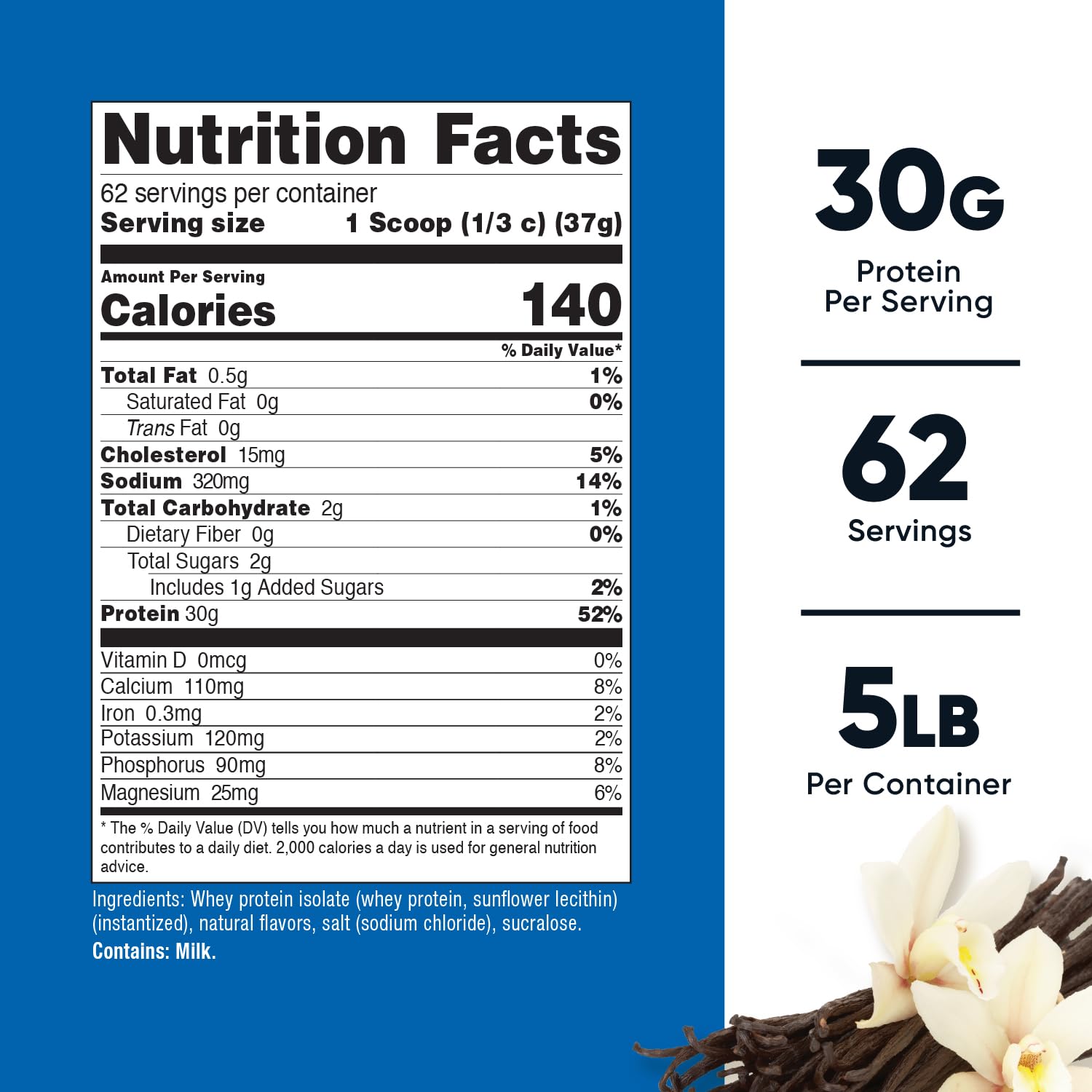 Nutricost Proteína de Suero Aislada Vainilla 5 lb, cuchara medidora para porciones consistentes.