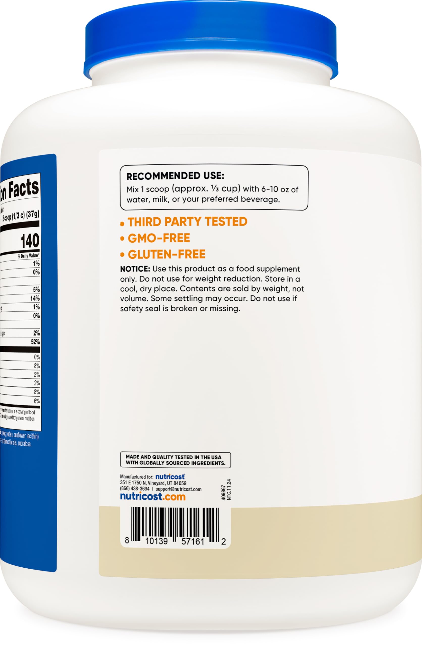 Nutricost Proteína de Suero Aislada Vainilla 5 lb, envase certificado NSF y GMP para confianza.