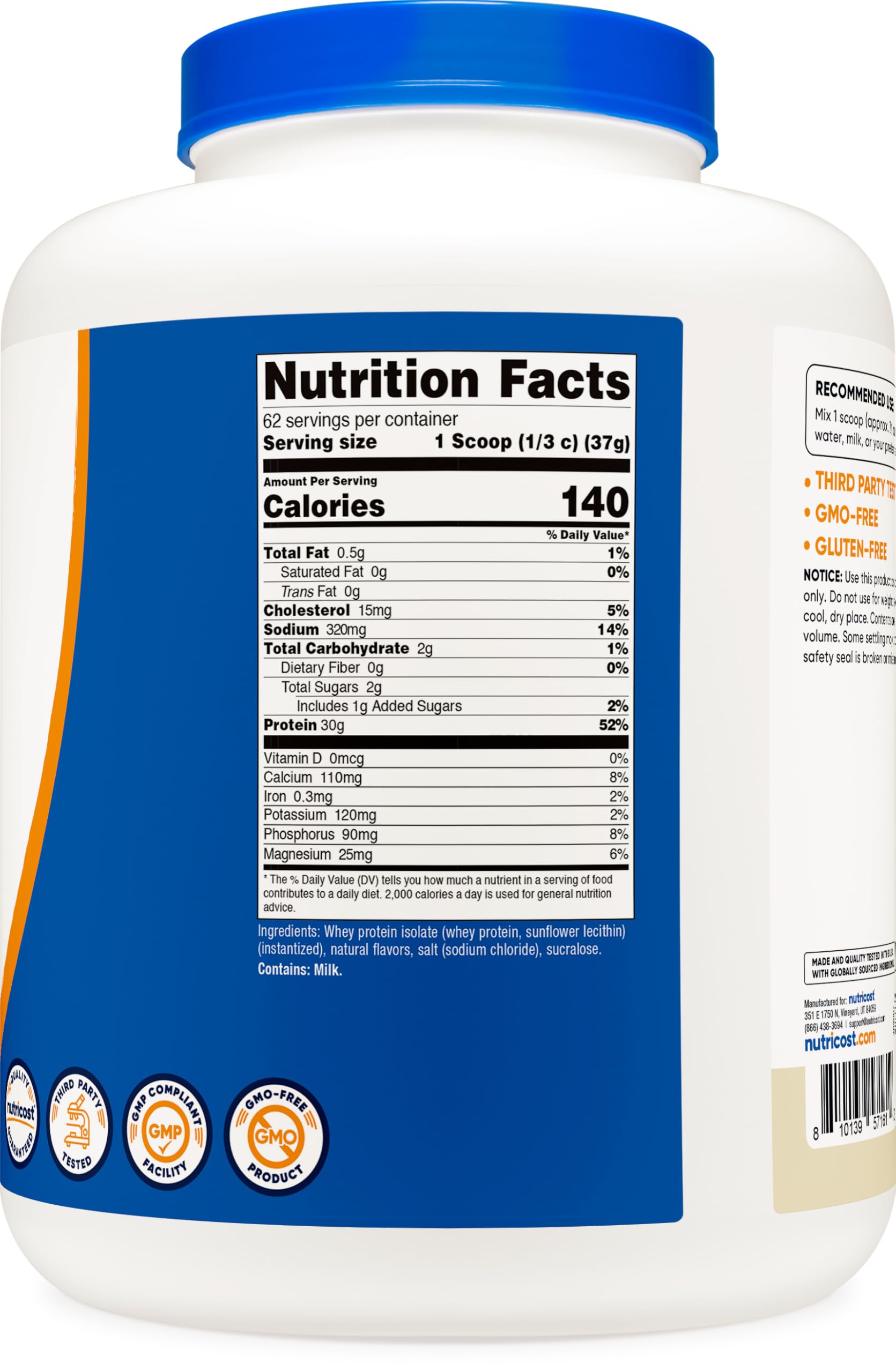 Nutricost Proteína de Suero Aislada Vainilla 5 lb, opción sin gluten y sin soja para diversas dietas.