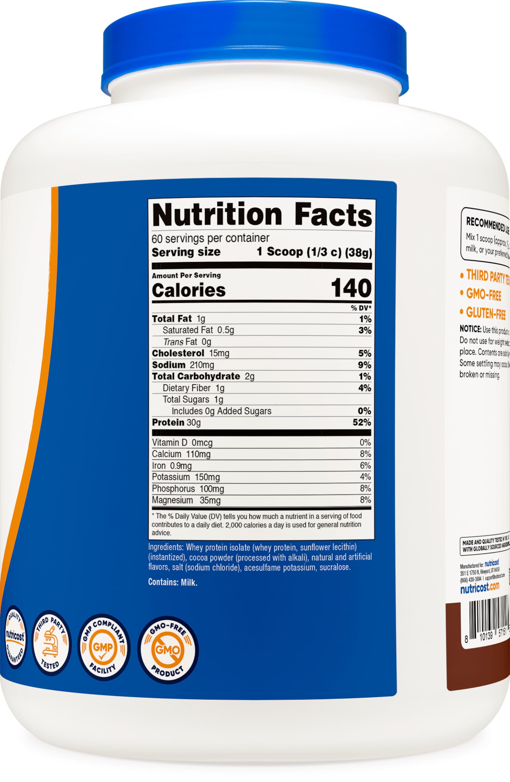 Proteína de suero aislada Nutricost, alta pureza y perfil proteico claro.