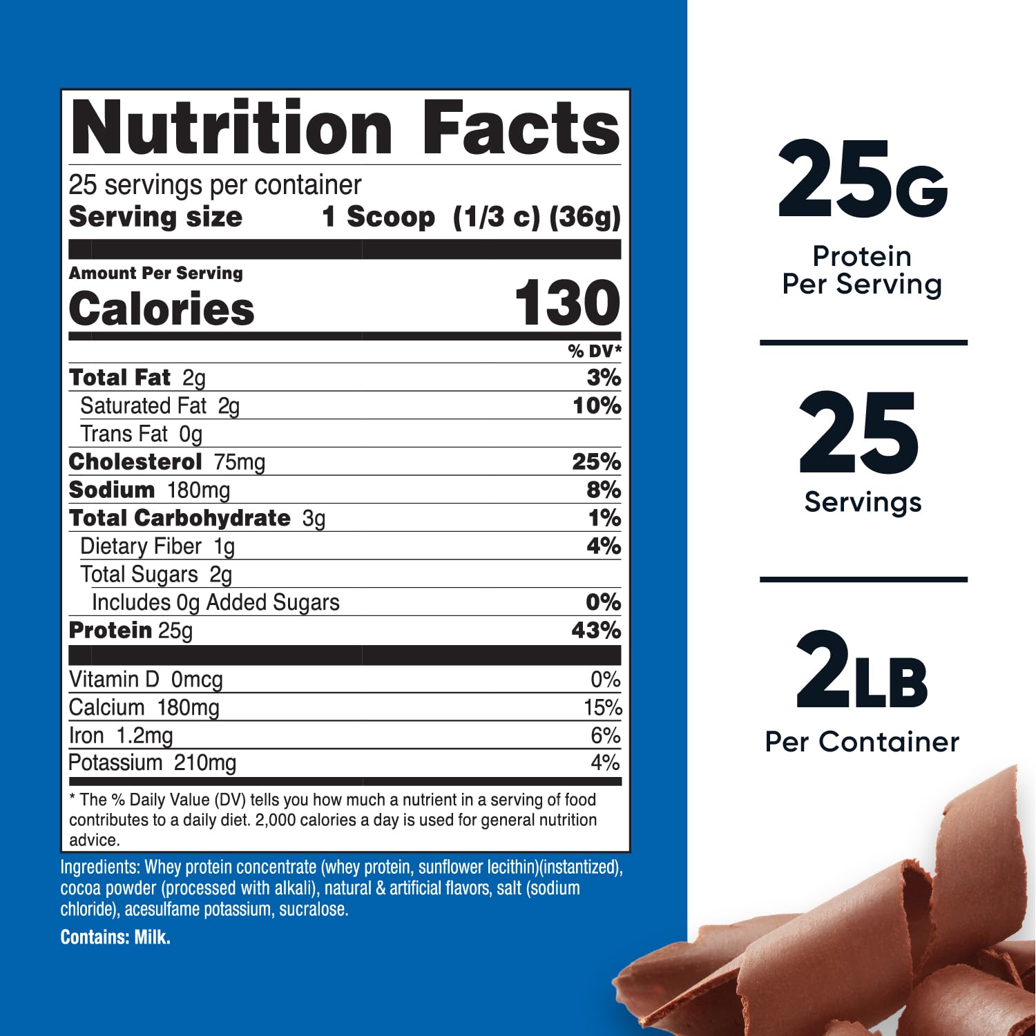 Nutricost Proteína de Suero concentrado Chocolate etiqueta detalle, porciones visibles