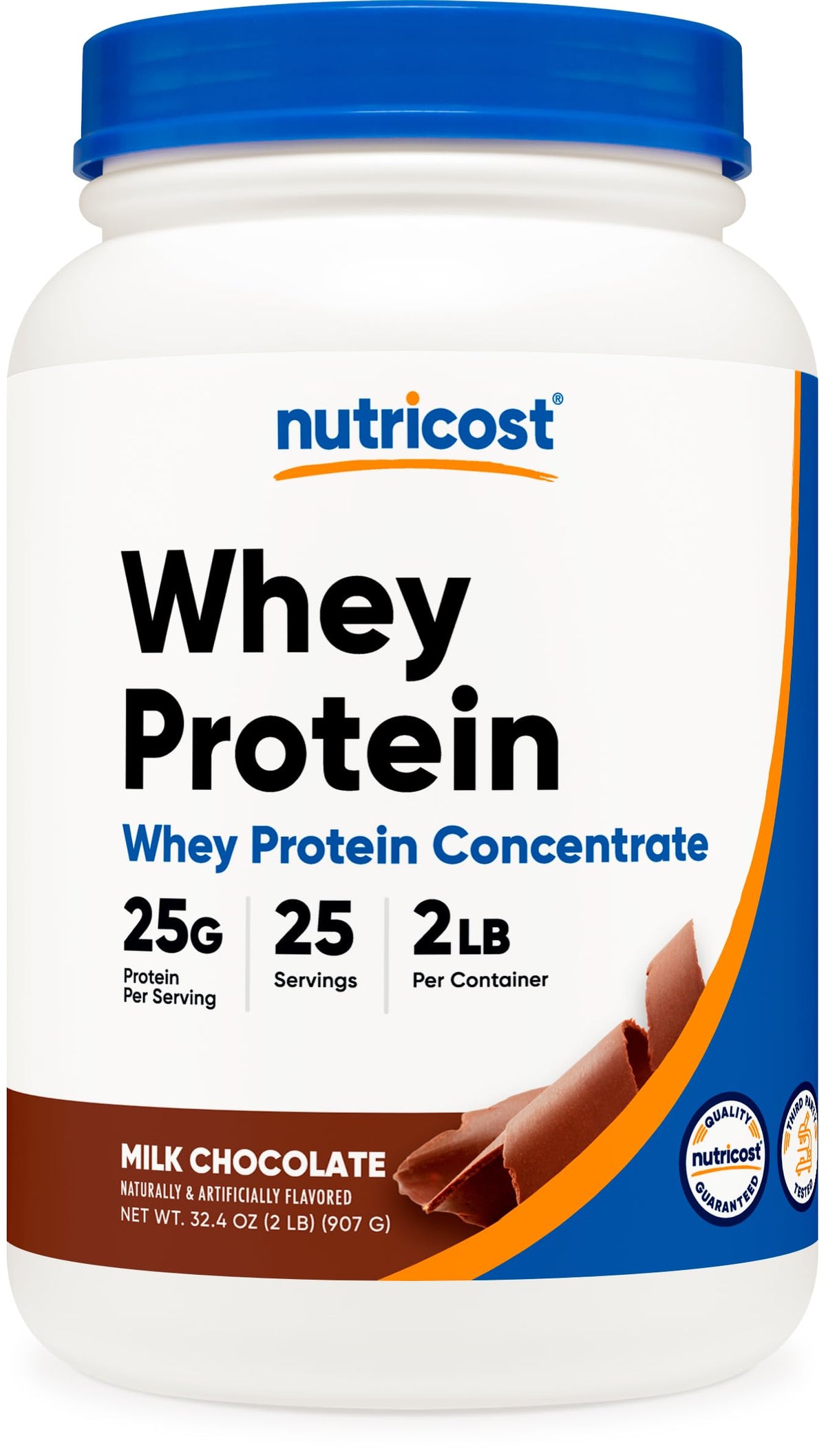 Nutricost Proteína de Suero concentrado Chocolate frente, envase visible y sabor cremoso