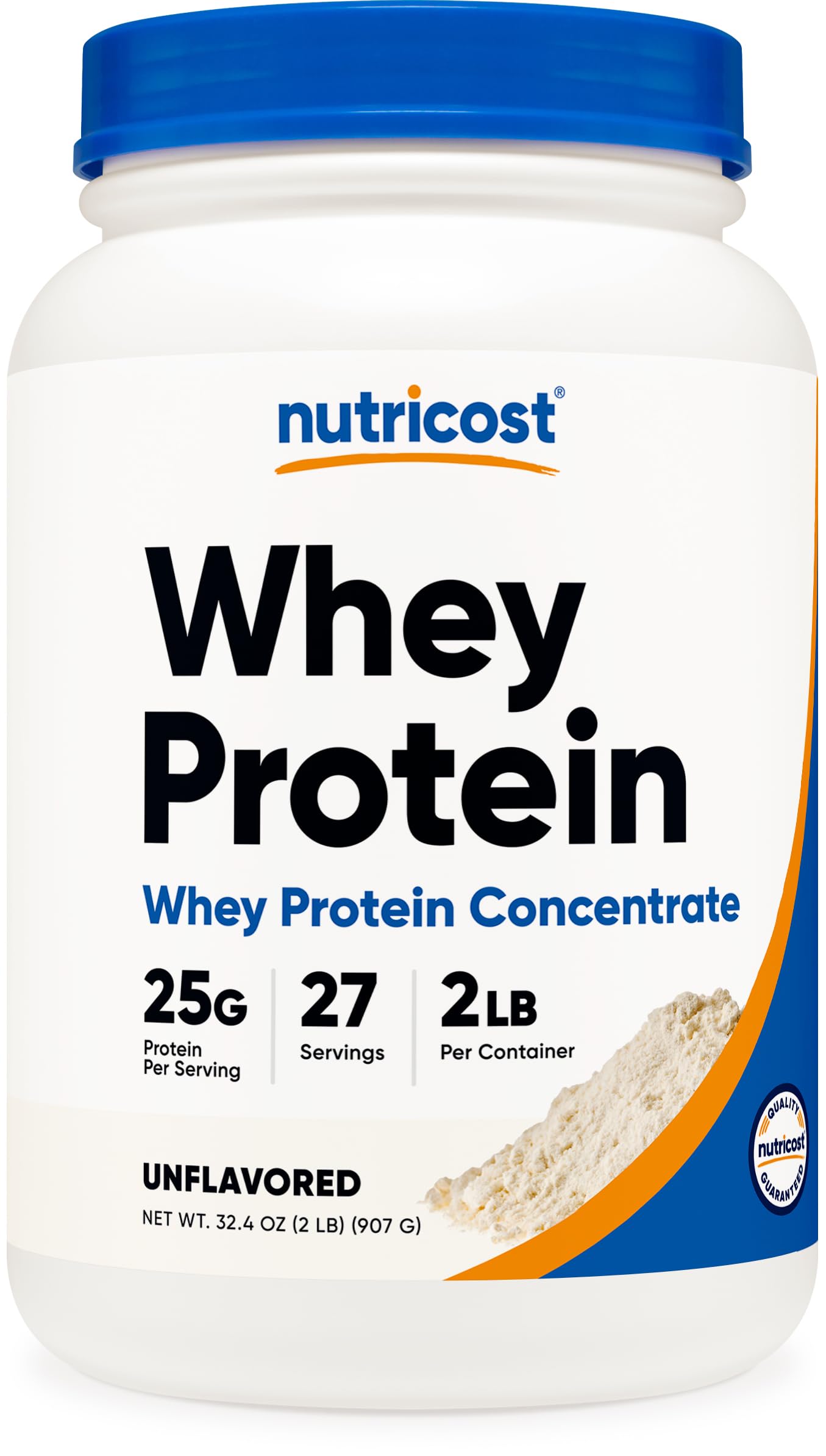 Nutricost Proteína de Suero concentrado sin sabor en botella de 2 lb, lista para mezclar.