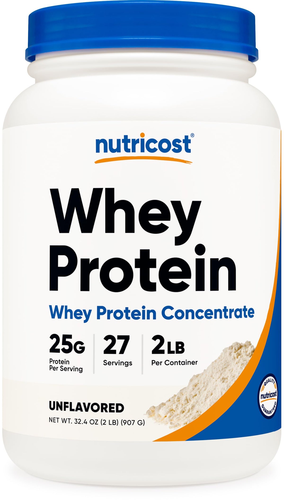 Nutricost Proteína de Suero concentrado sin sabor en botella de 2 lb, lista para mezclar.