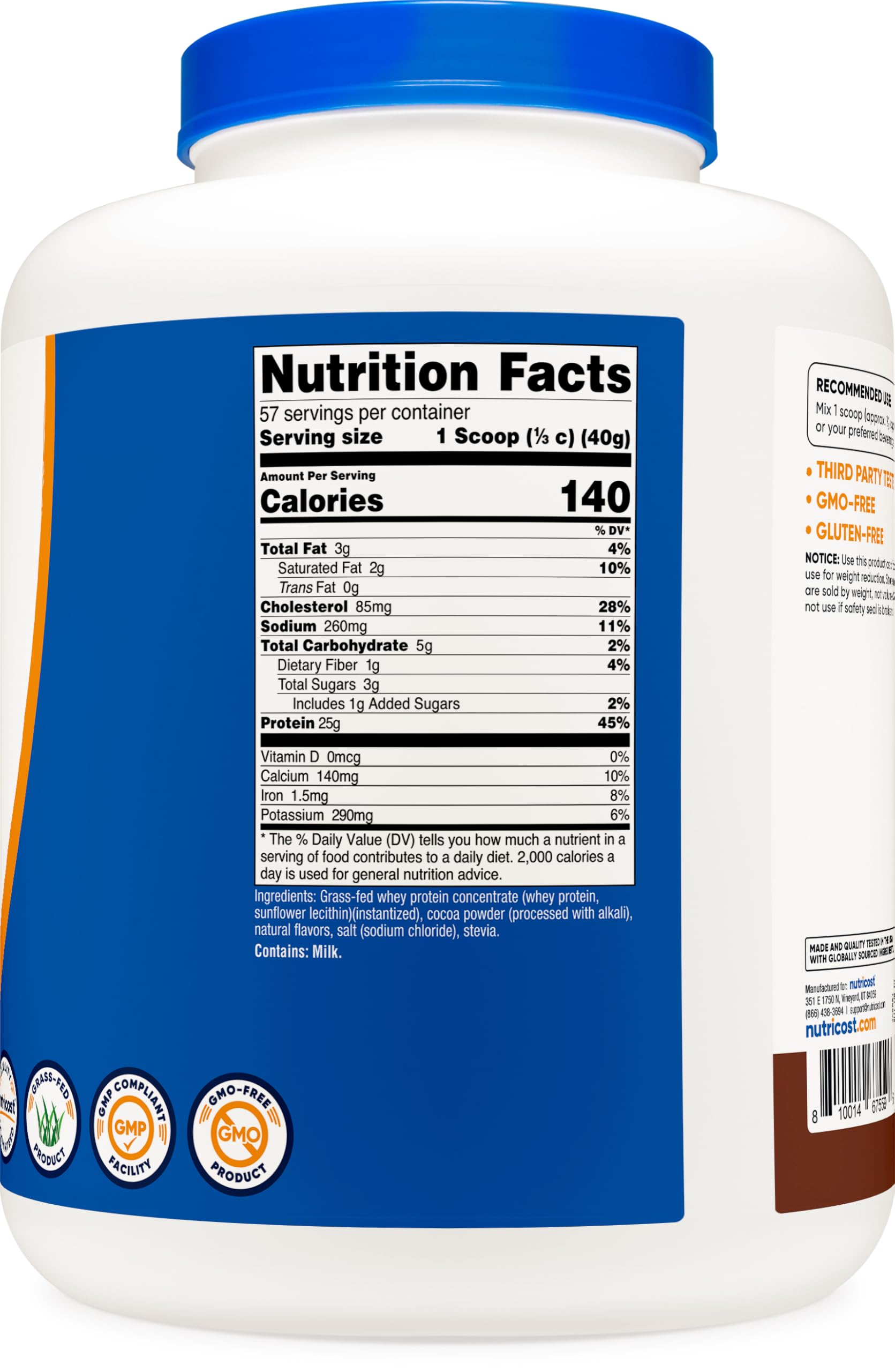 Nutricost Proteína de suero pasto chocolate, detalle del envase