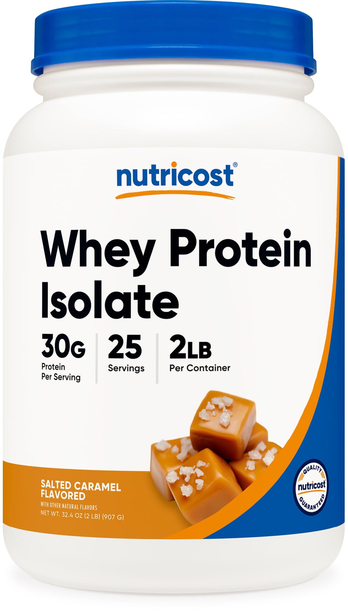 Nutricost proteina whey aislada sabor caramelo salado, lata frontal para uso diario