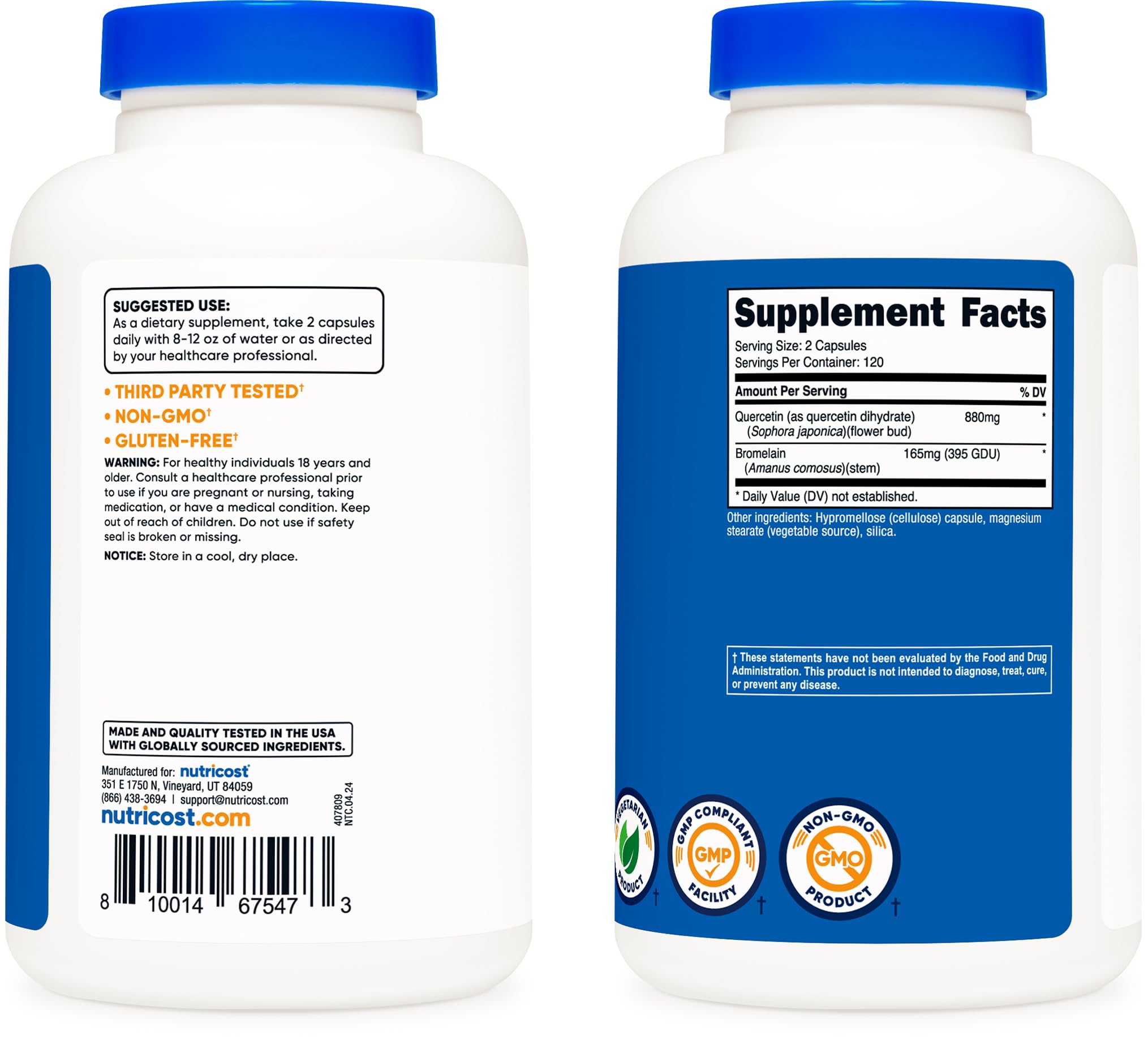 Envase de Nutricost Quercetin, frasco con 120 porciones visibles.